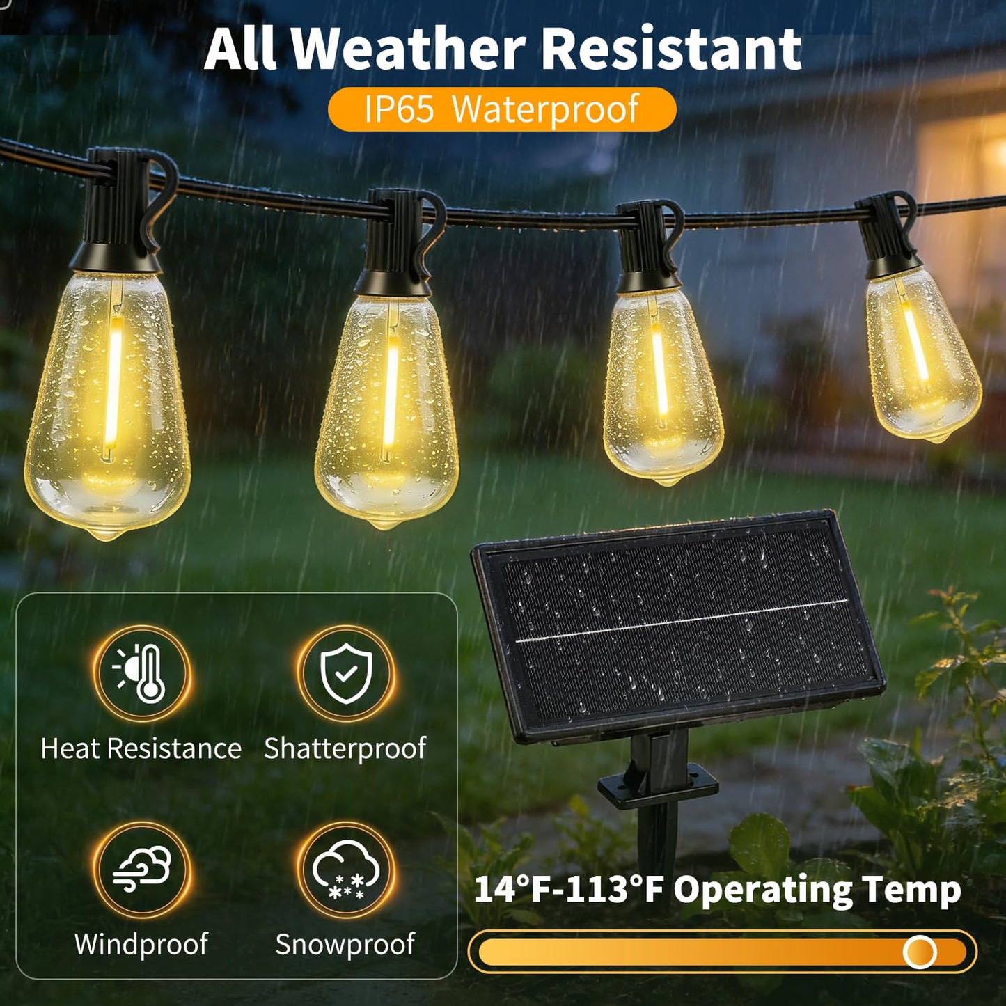FUANXIEI Outdoor Solar String Lights Waterproof: ST38 50ft Shatterproof Patio Lights - Solar Powered & USB Dual Charging - 3 Modes Button Control