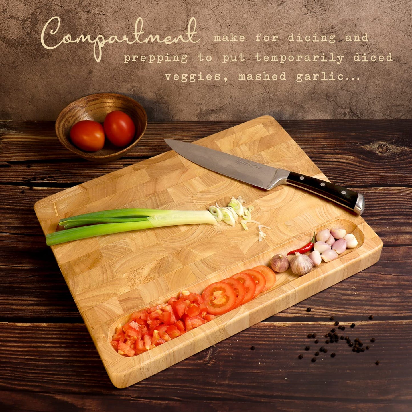 Wooden Butcher Block End Grain Cutting Board - 17x13x1.5in Reversible Multipurpose Chopping Board with Juice Groove, Cracker Holder & Inner Handles
