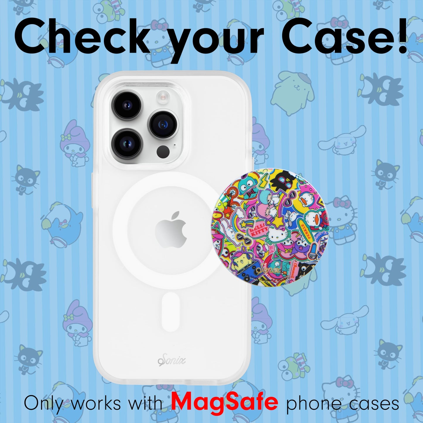 Sonix x Sanrio MagLink Snap Grip | Magnetic Phone Grip Holder and Collapsible Kickstand | Compatible with MagSafe | Hello Kitty and Friends Stickers
