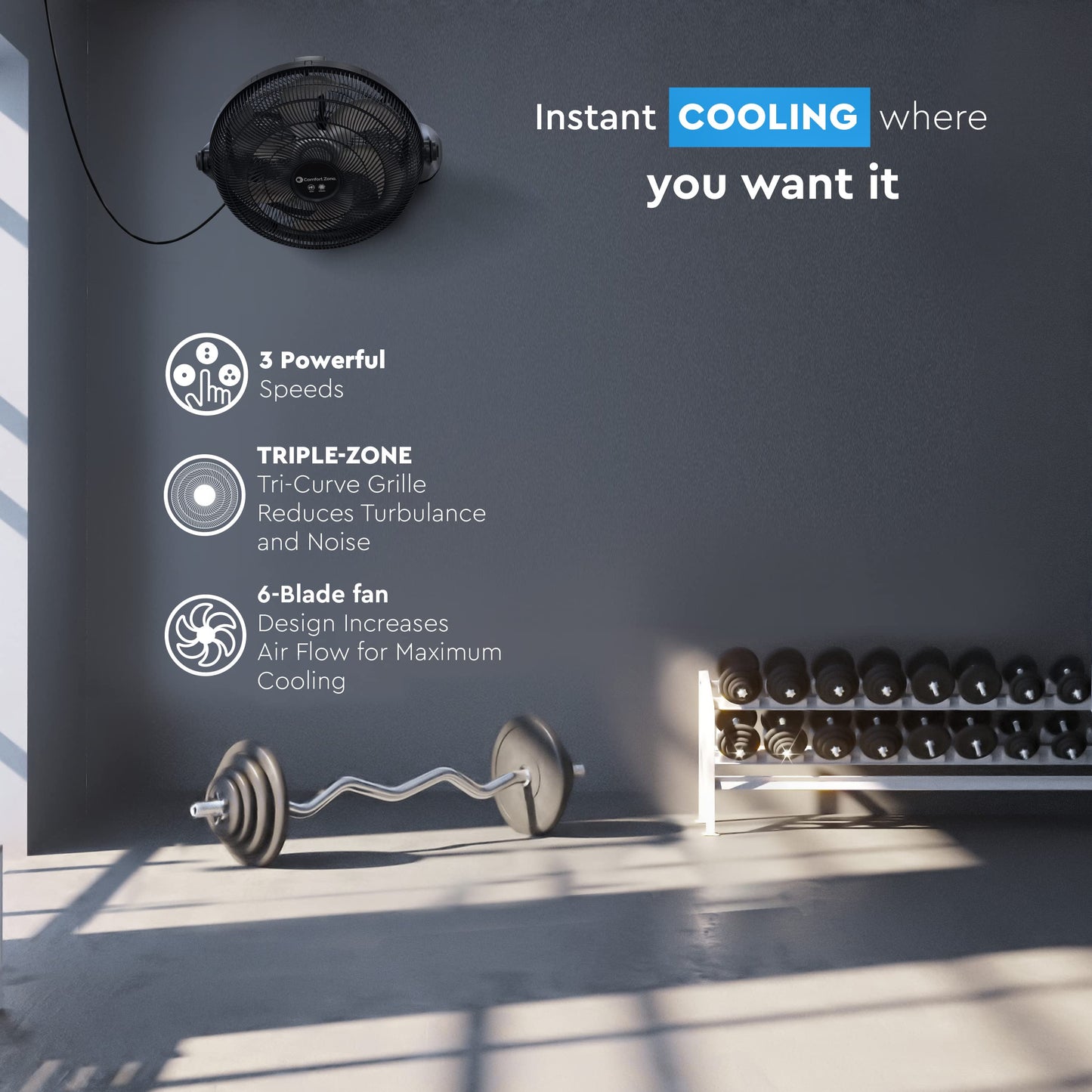 Comfort Zone PowrCurve High Velocity Floor Fan with Wall-Mounting Capabilities, 20 inch, 3 Speed, 180 Degree Adjustable Tilt, Ideal for Home, Bedroom