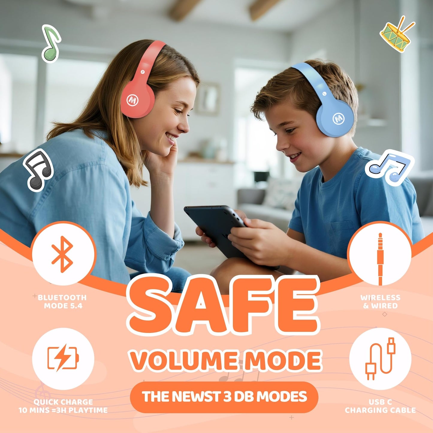 Mokata Headphones Kids Bluetooth 5.4 Wireless Play Time 68H Safe Volume Limit 85/94dB Over-Ear Foldable Headset,Fast Charging,with Aux Cord Built-in…