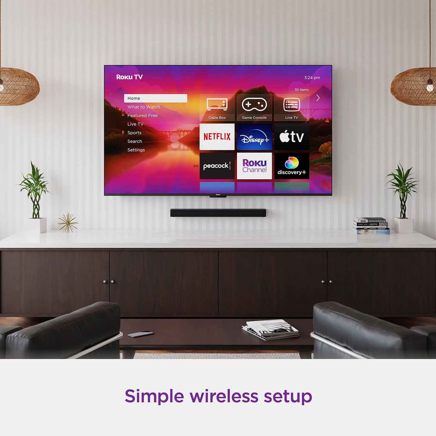 Roku TV Wireless Soundbar 2023 | Soundbar Exclusively for RokuTV with Enhanced Stereo Sound, Clear Dialogue, and Simple Wireless Setup,Black (Renewed)