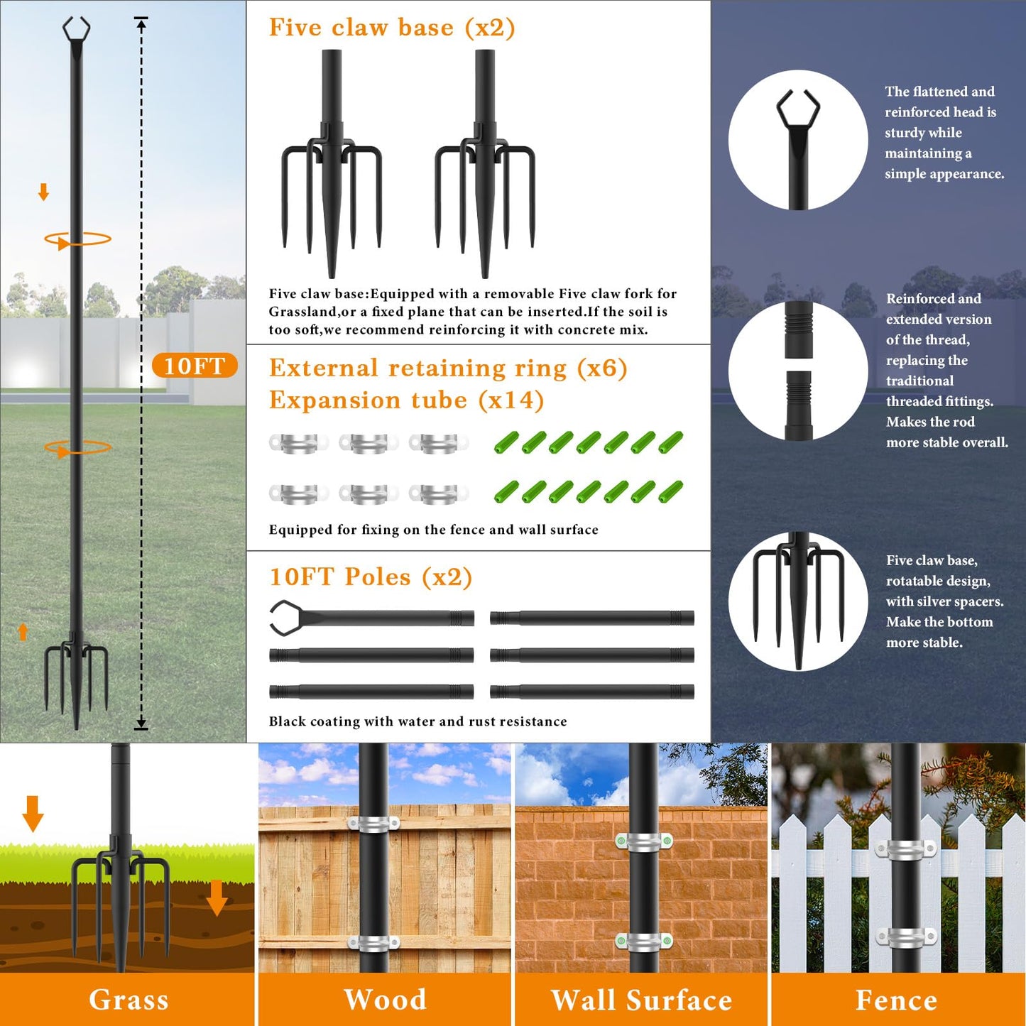 Mutovlin 2 Pack String Light Poles,10 Ft Light Poles for Outside String Lights,Outdoor Lights Pole with Fork,Metal Poles Stand for Patio Deck Backyard