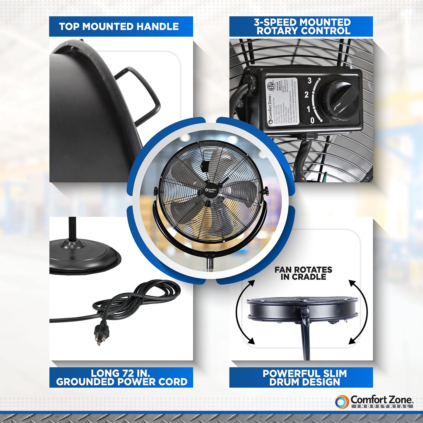Comfort Zone 20-Inch High-Velocity Industrial Pedestal Fan - Heavy-Duty All-Metal Shop Fan with Aluminum Blades, 3-Speed Slim Profile Stand Fan, 180°