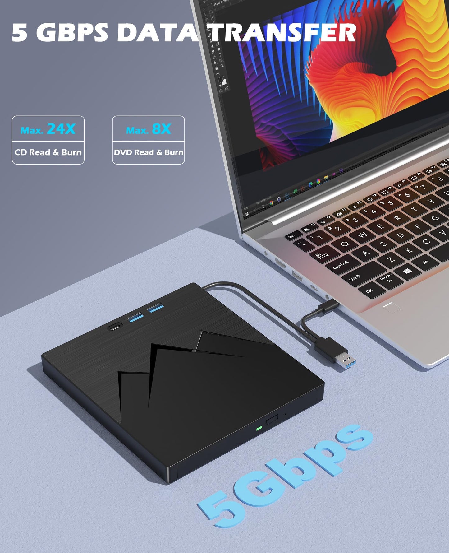 7 in 1 External CD/DVD Drive For Laptop With LAN PORT, Portable DVD Player For Laptop With Ethernet Adapter SD/TF Port , External DVD Drive With USB