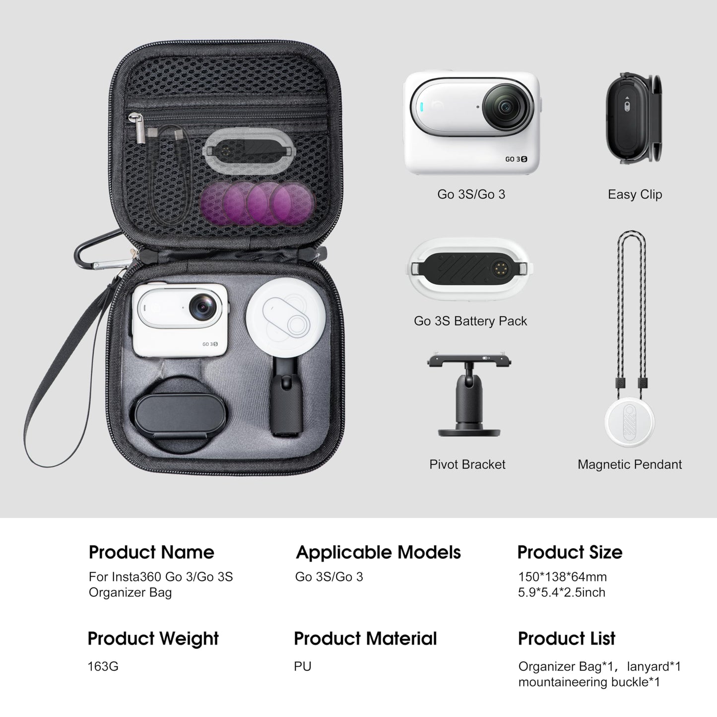 STARTRC VCR Carrying Case for Insta360 GO 3S Accessories Storage Bag Mini Protective Travel Case Compatible for Insta 360 GO 3S/go 3 Action Camera