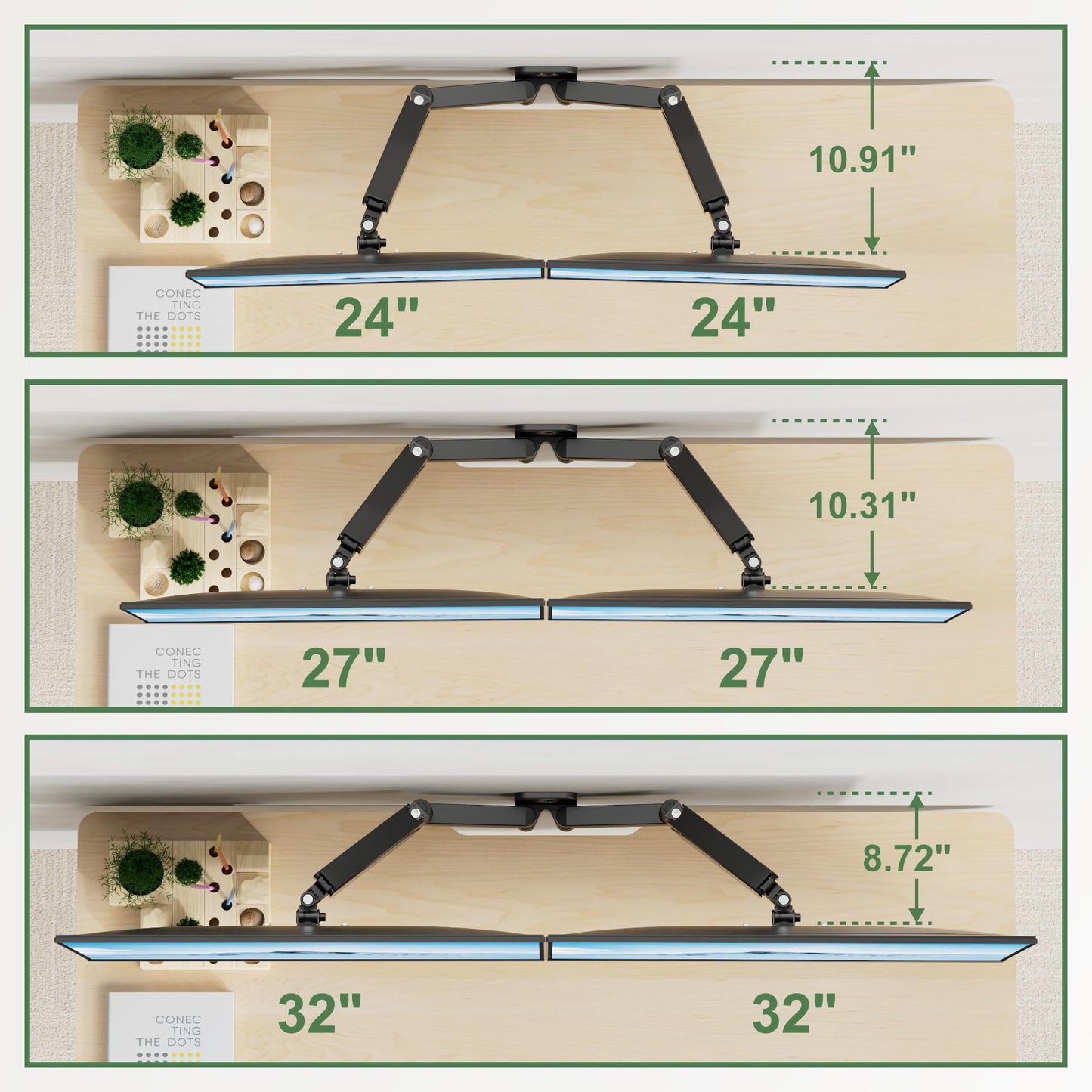 UPGRAVITY Dual Monitor Wall Mount, Double Monitor Wall Stand for Two 17-32 inch Flat Computer Screens, Height Adjustable Gas Spring Mounted Bracket