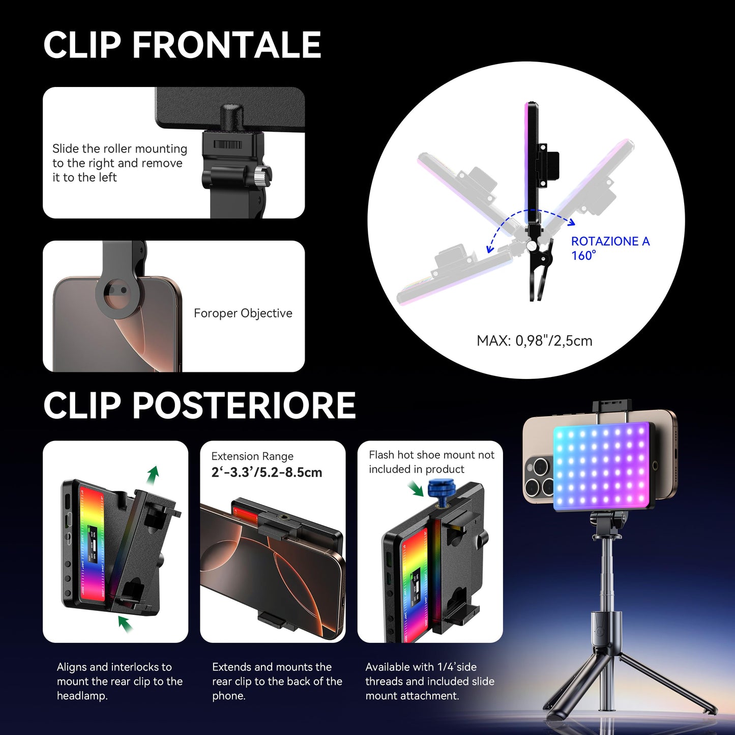 ENEGON RGB Selfie Light, 360° Full Color RGB Video Light with 24 Effects, 78 LED 2000mAh Rechargeable CRI 95+ and 2500K-9000K CCT, Portable Clip on