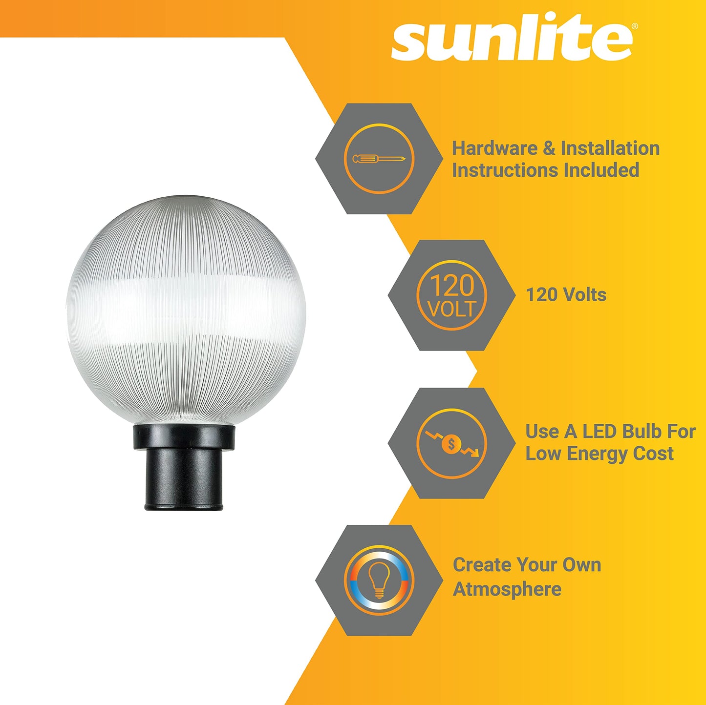 Sunlite 47246 10" Post Mount Globe Light Fixture, 1 Medium Base (E26) Socket (60W Max. A19 Bulb Not Included), UV Resistant Materials, ETL Listed