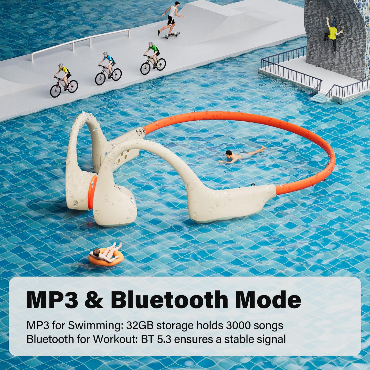 snowpanda Bone Conduction Headphones, Wireless Open-Ear Bluetooth 5.3, 32GB MP3 Player, 8 Hours Battery, IP68 Waterproof - for Running, Workouts