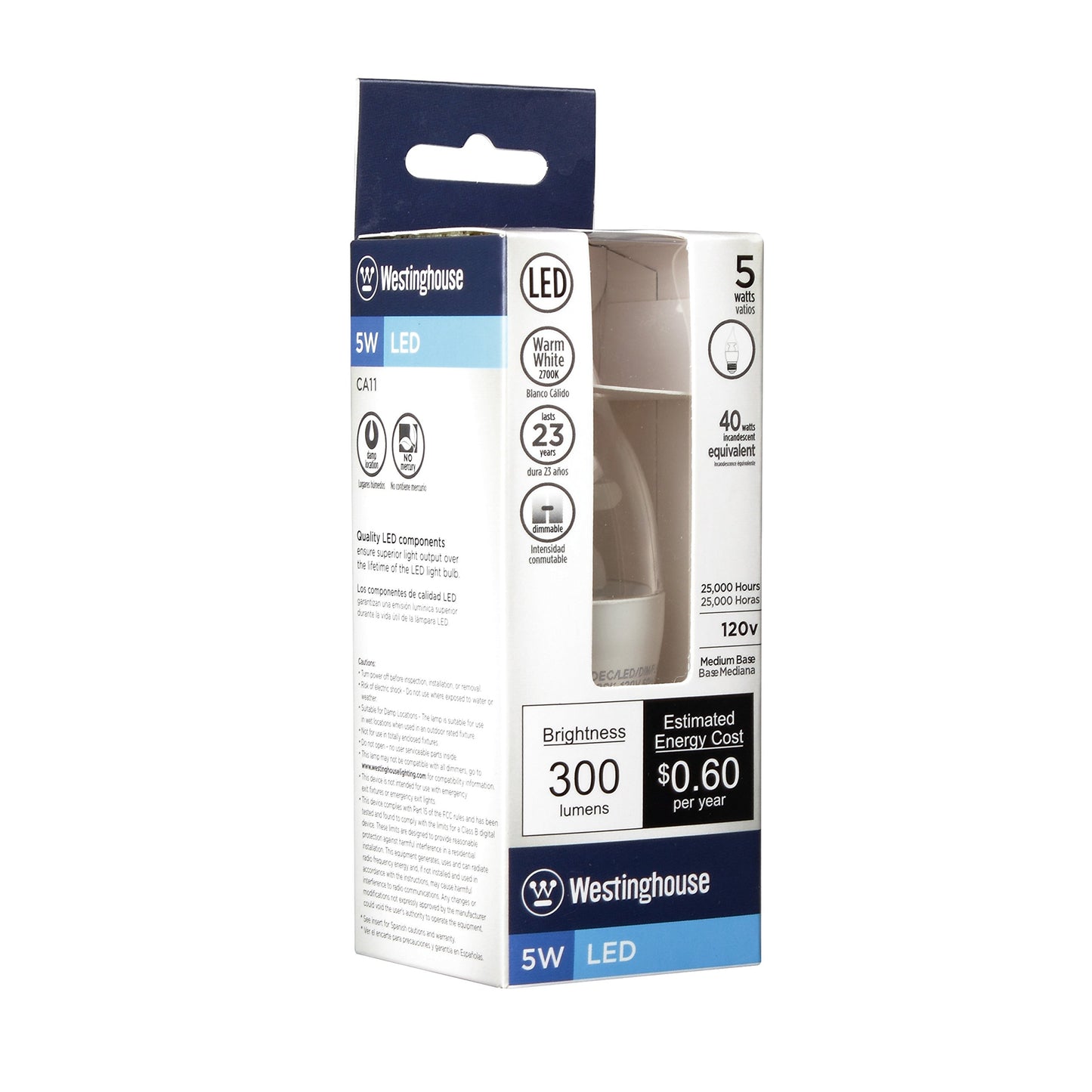 Westinghouse Lighting 0314600 5W Flame Tip CA11 Dimmable LED Light Bulb with Medium Base, Warm White
