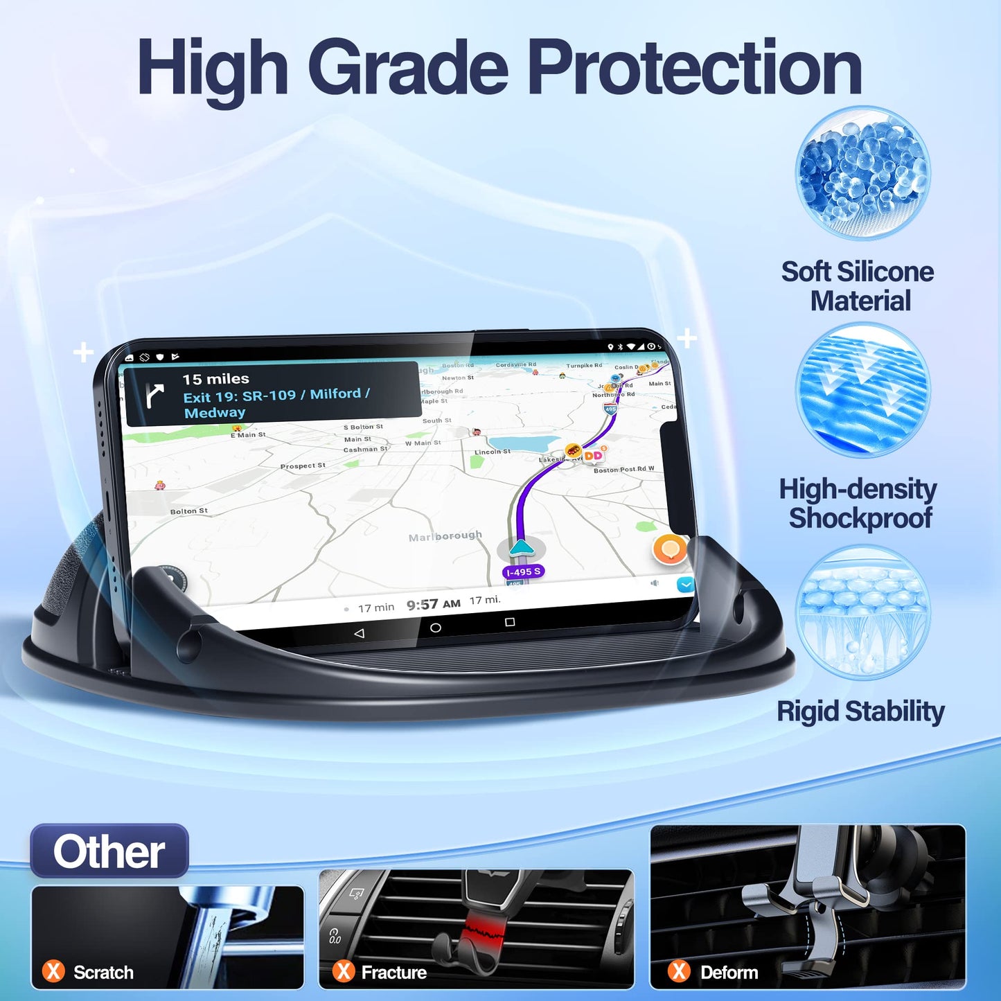 Loncaster Car Phone Holder, Car Phone Mount Silicone Car Pad Mat for Various Dashboards, Slip Free Desk Phone Stand Compatible with iPhone, Samsung