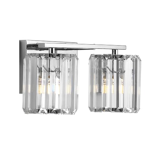 JONATHAN Y 4.75" Chrome 2-Light Vintage Glam LED Vanity Light Wall Sconce Fixture with Clear Crystal Prism Shade, Hardwired Wall Lamp for Bathroom