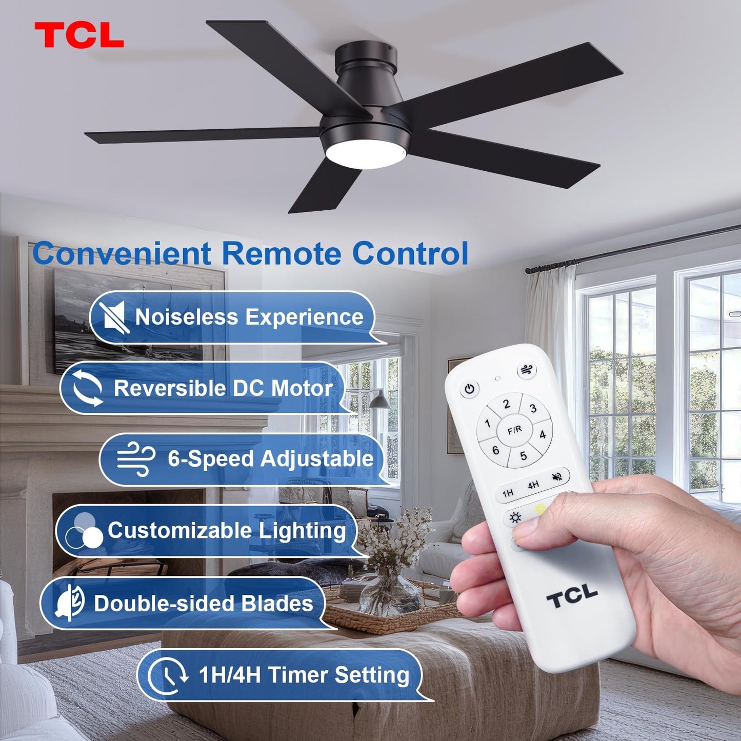TCL 52" Black Flush Mount Ceiling Fan with Light & Remote
