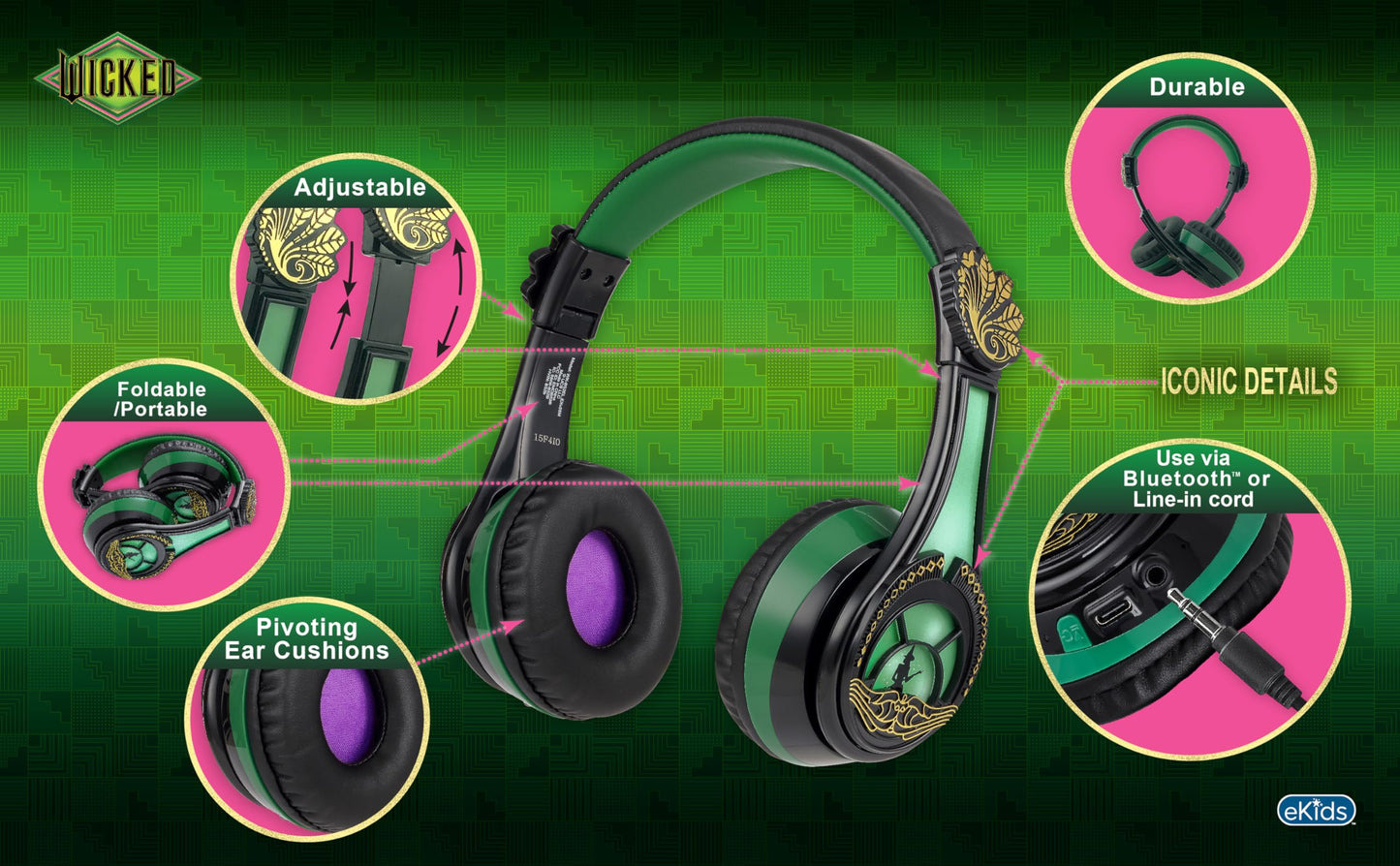 Wicked Elphaba Bluetooth Headphones for Kids, Wireless Headphones for School, Home, or Travel (Wicked Elphaba)