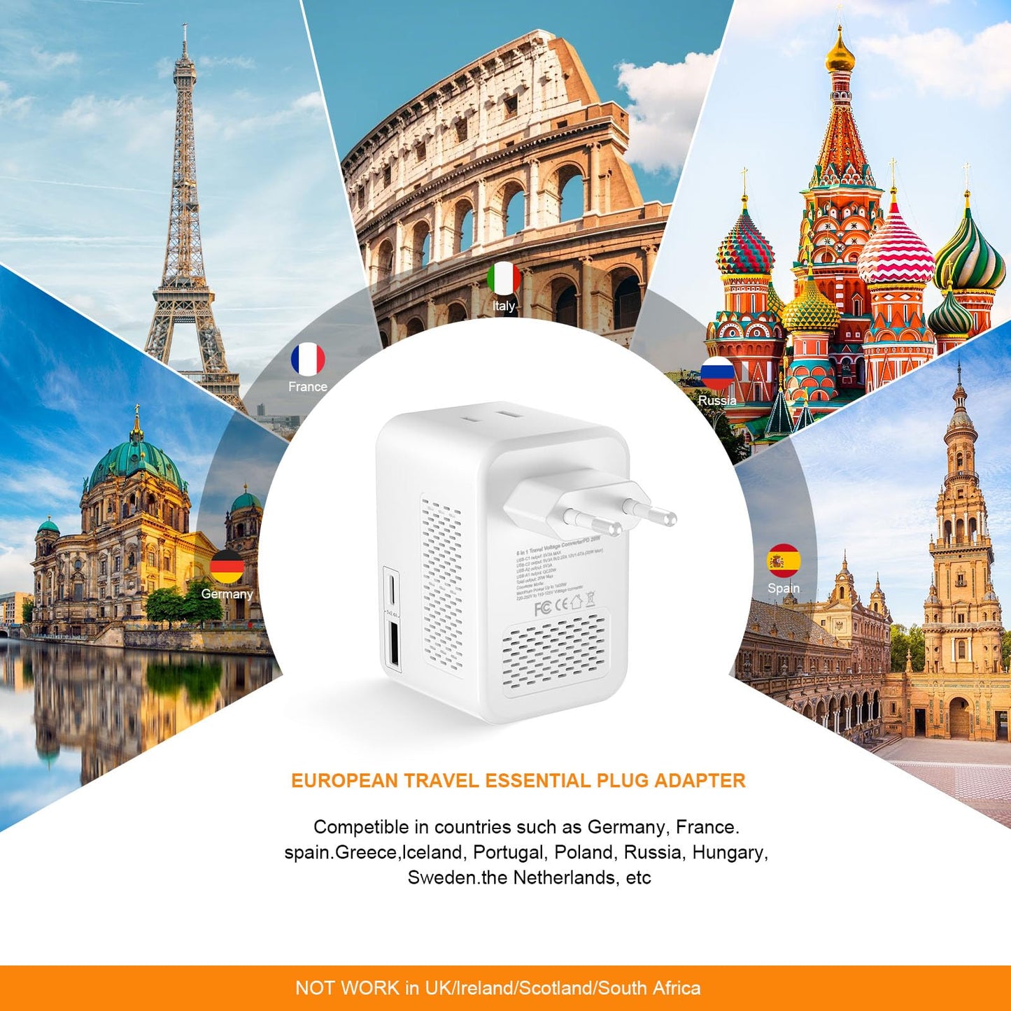 220V to 110V Voltage Converter – 20W PD Travel Adapter, US to Europe Power Converter for 80+ Countries incl. France, Germany, Italy, AU