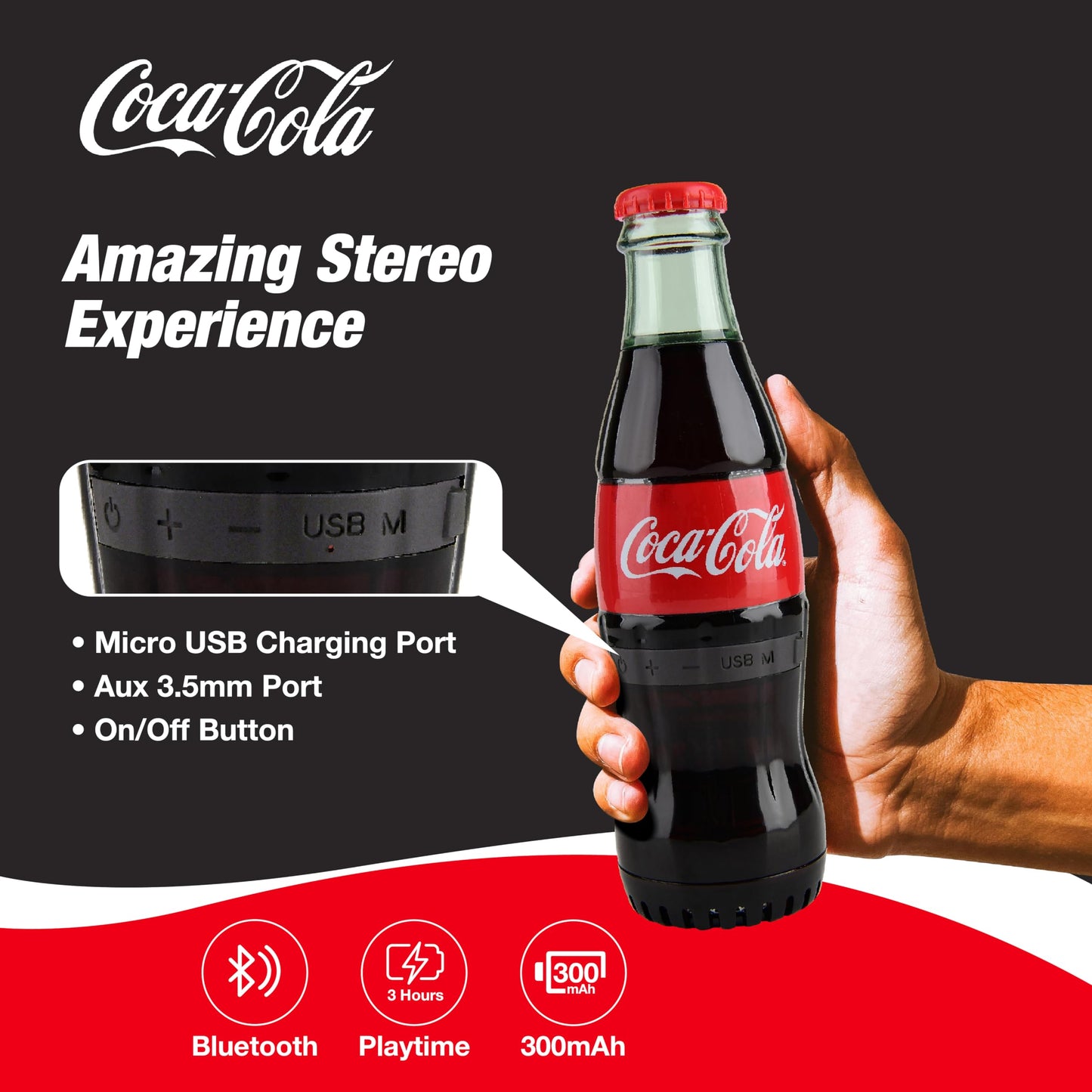 Official Coca-Cola Bottle Shaped Bluetooth Speaker - Portable Wireless Speaker with Bluetooth 5.0, Deep Bass, AUX Input, Long Battery Life - Loud HD