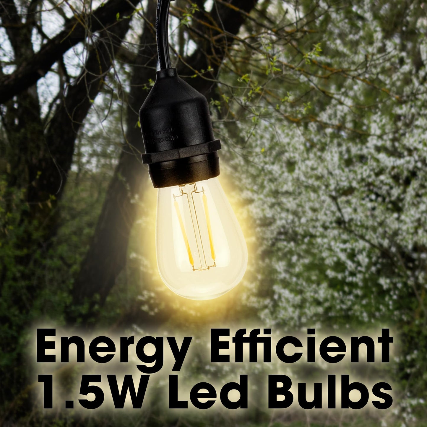 Holiday Lighting Outlet LED Outdoor Patio Lights | 46-Foot Hanging Outdoor String Lights | Includes 16 Dimmable 1.5 Watt Edison Filament Bulb Cafe