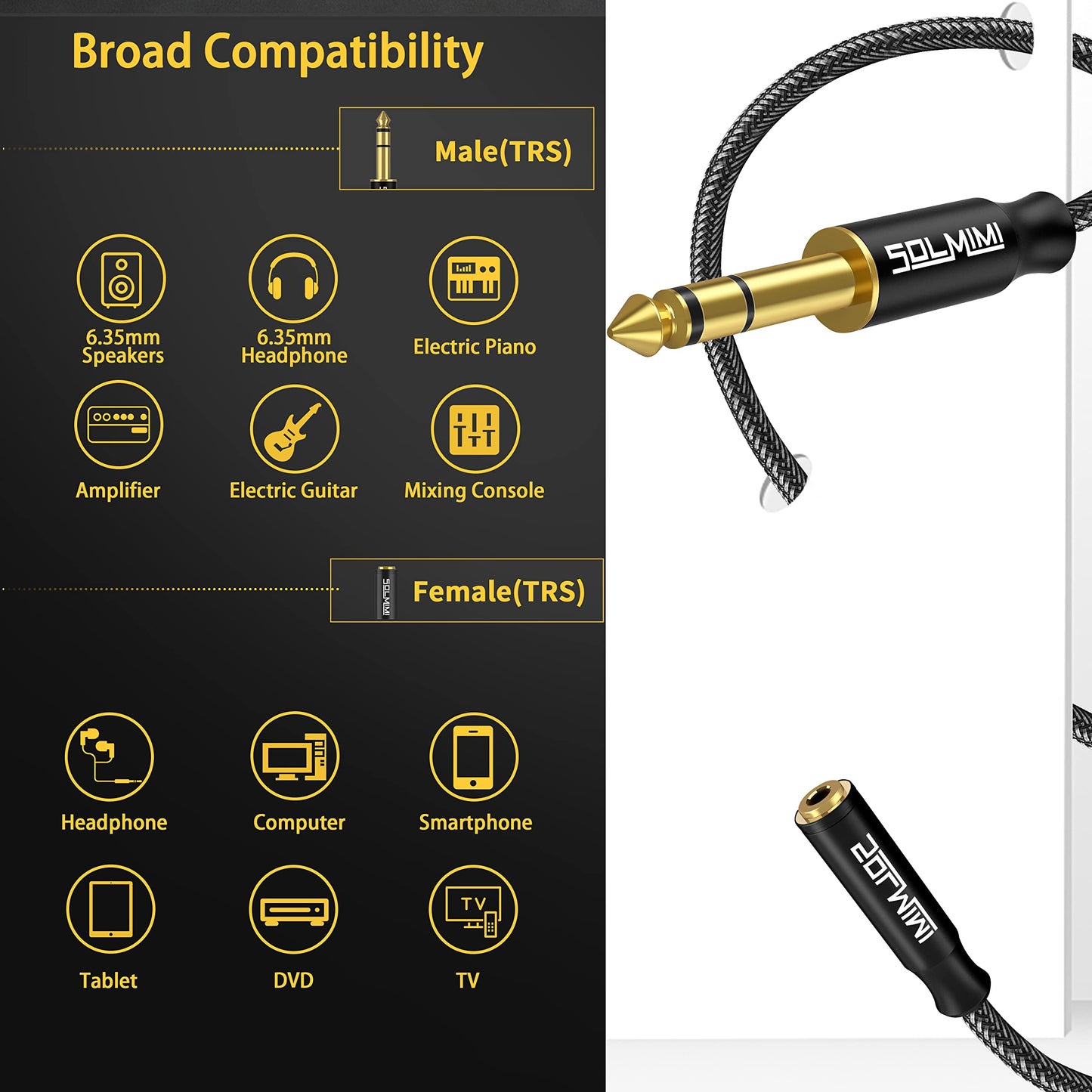 SOLMIMI 1/4 Headphone Adapter, 6.35 mm Male to 3.5 mm Female Audio Jack Adapter, Lossless Stereo Headphone Jack Adapter for Mixer Guitar Piano