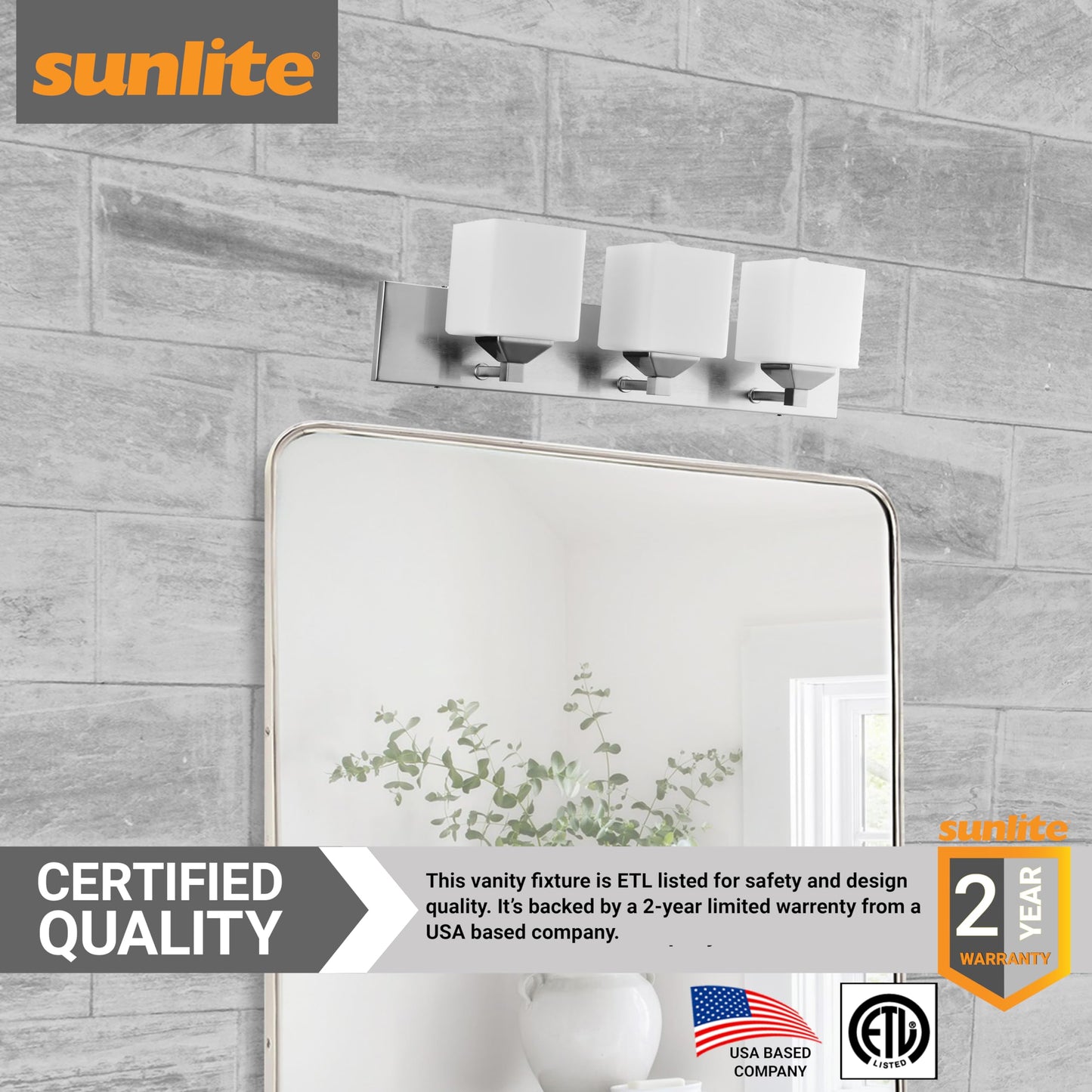 Sunlite 81324-SU Modern Square Shade Vanity Fixture, 24" Wall Mount, Medium Base (E26) Socket, Standard A19 Bulb Required (60W Max), Frosted Glass