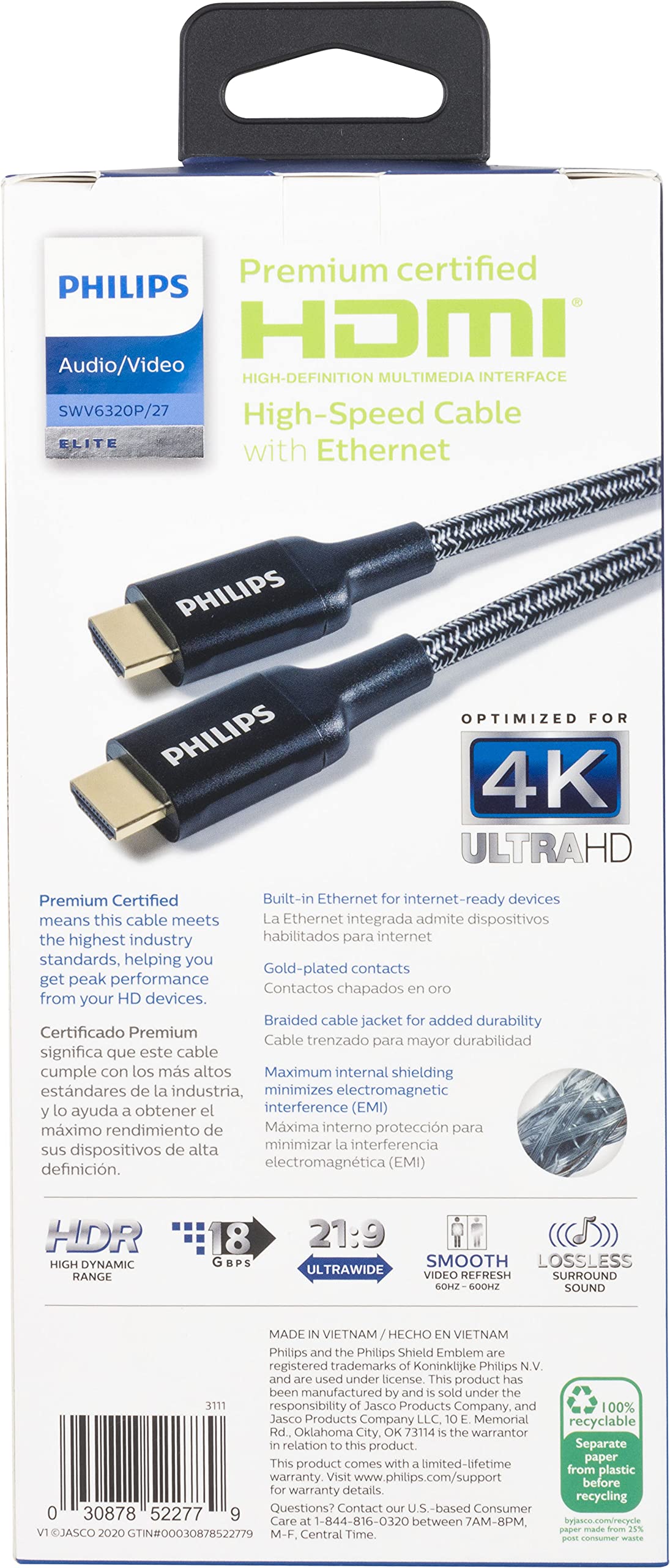Philips Elite Premium Certified High-Speed HDMI Cable with Ethernet, 10 ft. 1080p 120Hz 4K 60Hz, 18Gbps, for TV, Monitor, Laptop, PS5, Xbox One X S