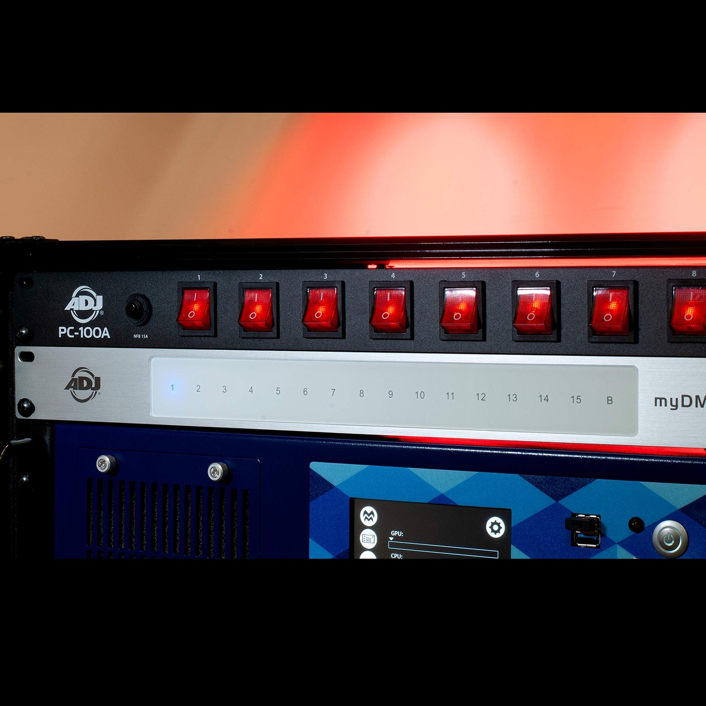 ADJ PC100A power strip single rack space unit with 8 on off lighted toggle switches and 15 amp breaker