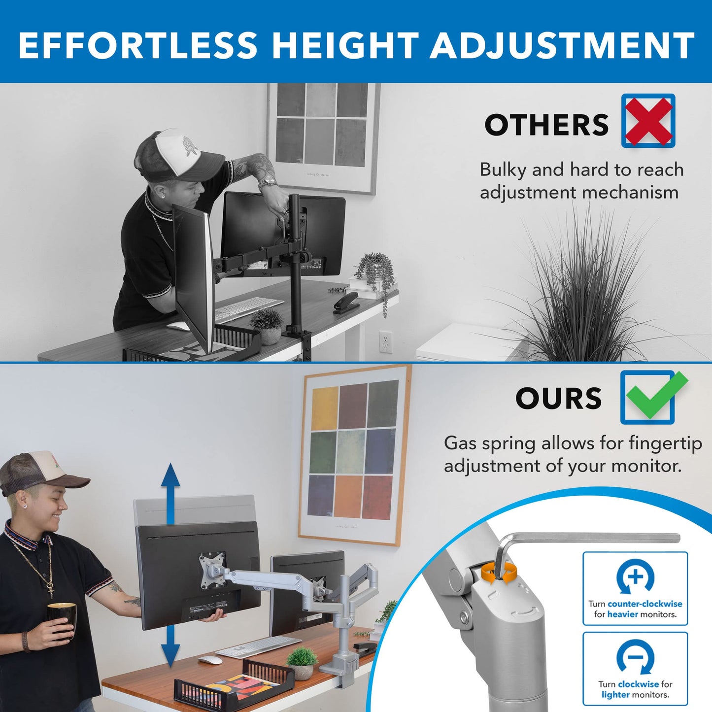 Mount-It! Dual Monitor Mount - Monitor Stands for 2 Monitors, Computer Arms on Desk Stand, Gas Spring Height Adjustable Desk Mount in Silver, VESA 75