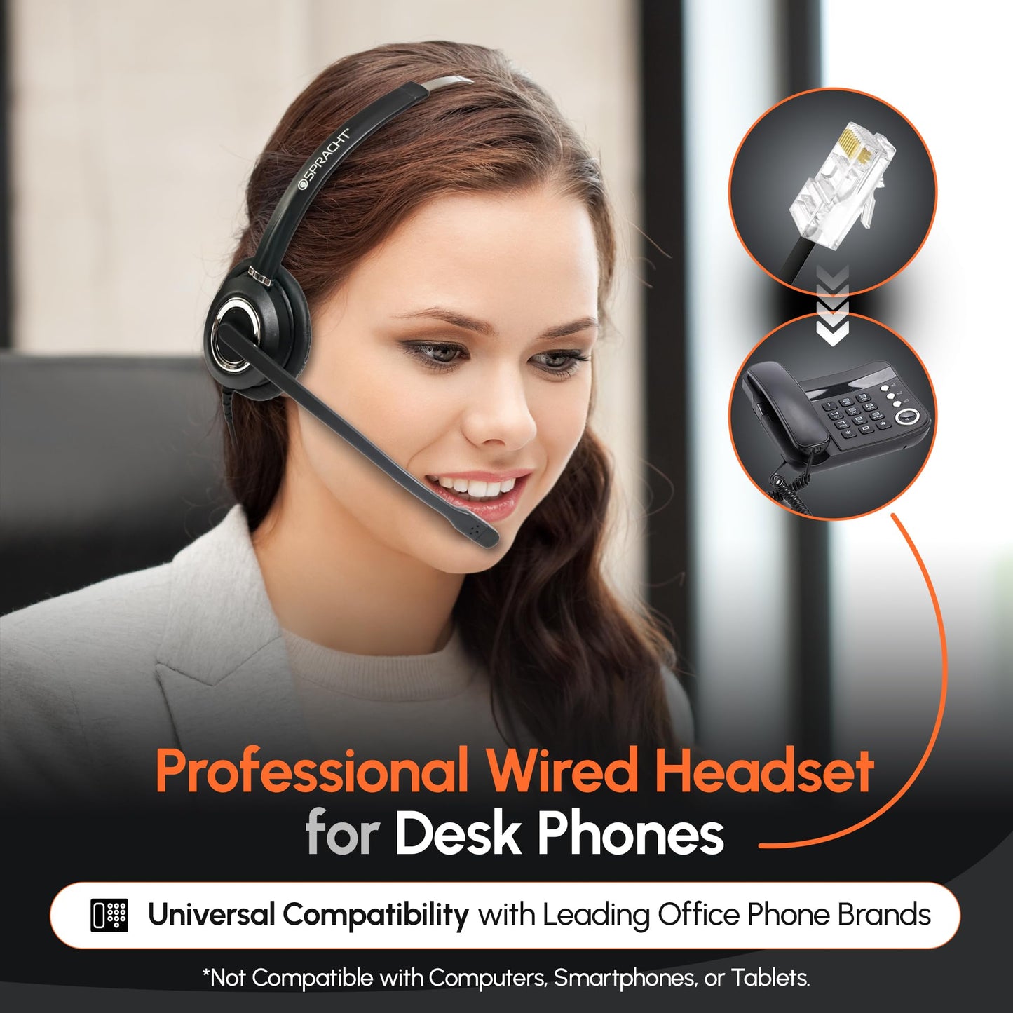 Spracht Wired Headset for Desktop Phone | Single Ear Universal Headset for Office Telephones | Mono Head Set with Microphone - Works with Polycom