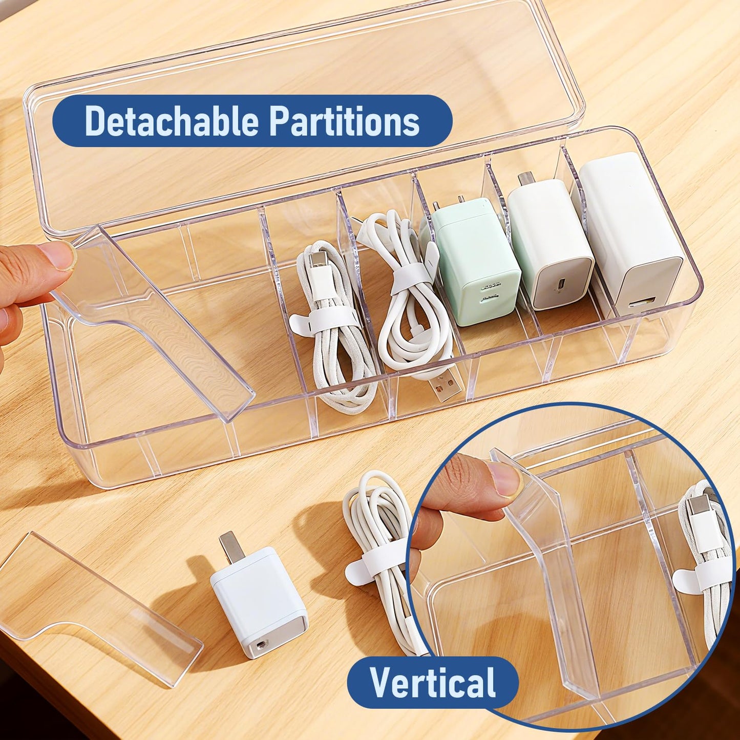 PIEMEET 4 Pack Cable Organizer Box, Plastic Cord Storage Box with Lid, Clear Cord Organizer with 8 Compartments and 40 Wire Ties, Charger Organizers
