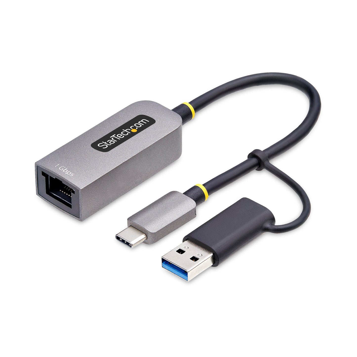 StarTech.com USB-C to Ethernet Adapter w/USB-A Dongle, 10/100/1000Mbps, USB GbE Adapter, 6in/15cm Attached Cable, Status LEDs