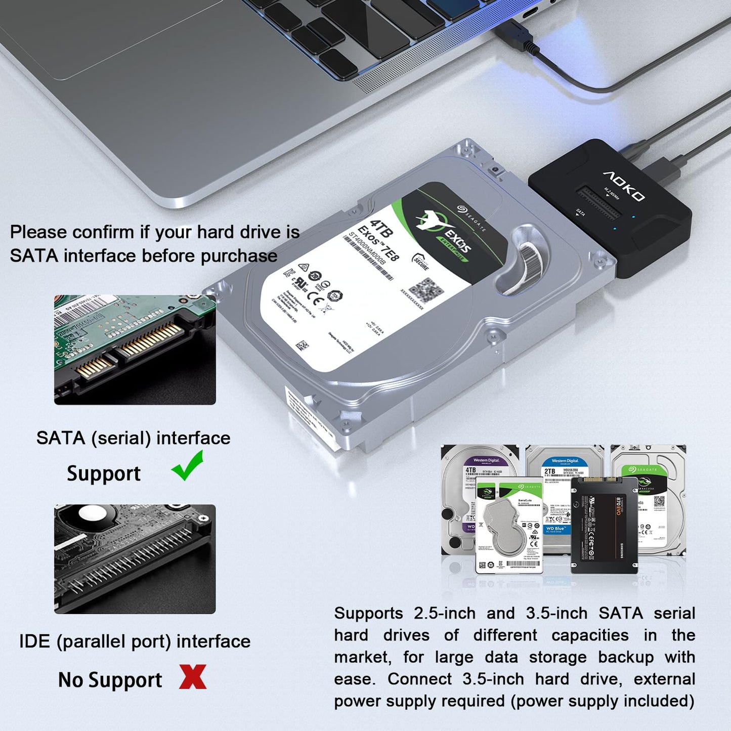 AOKO SATA NVMe SSD to USB Reader Adapter- Dual-Bay 2 in 1 Hard Drive Reader 10Gbps SSD Enclousure for NVMe + 2.5"/3.5" HDDs , Supports Simultaneous