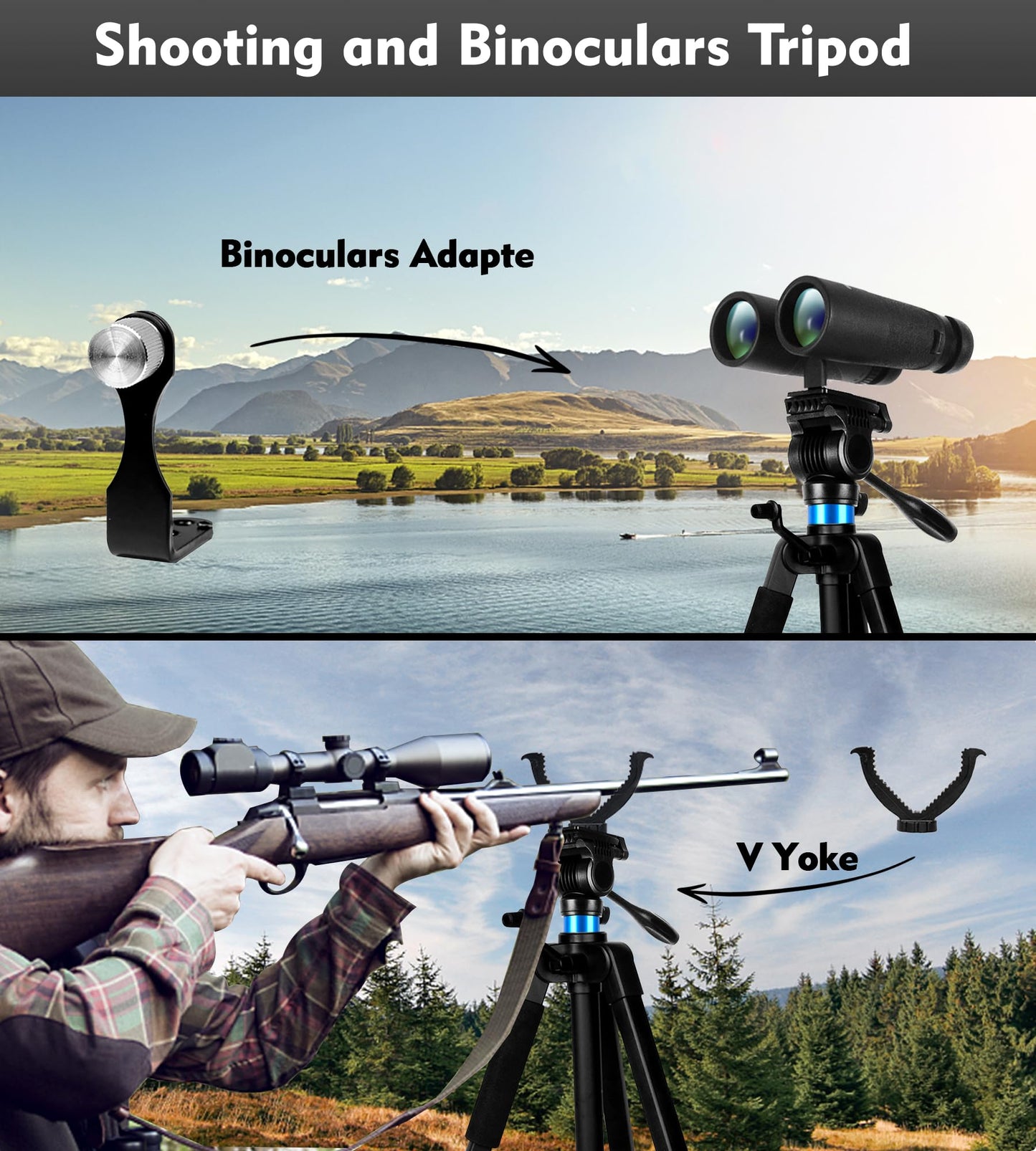 72.4 inch Spotting Scope and Binoculars Heavy Duty Tripod, Shooting Hunting Rest V Yoke Stand with Binoculars Adapter, Compatible