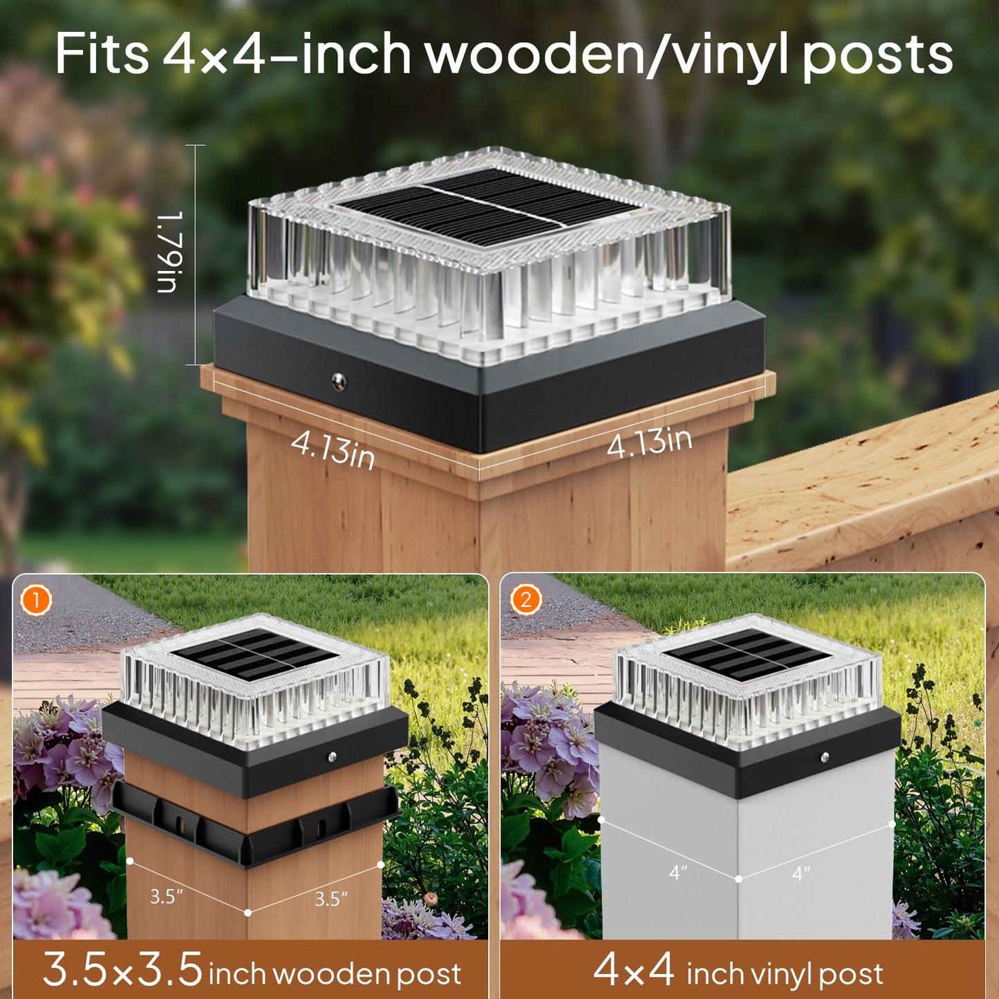 Hiromeco 4x4 Solar Post Cap Lights: 8 Pack Fence Post Lights Outdoor 3000K with Clear Lampshade, IP65 Waterproof 10-12H Lasting and Easy Install