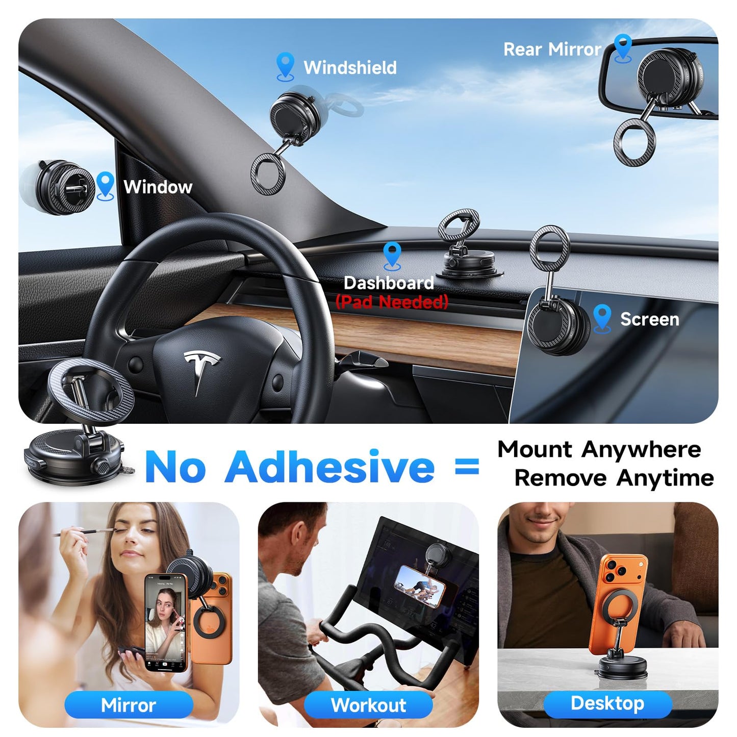 Moeila NeverFall Car Phone Mount for MagSafe, 89lbs Vacuum Suction, Strong Magnetic Dashboard & Windshield Mount, 360° Adjustable Phone Holder