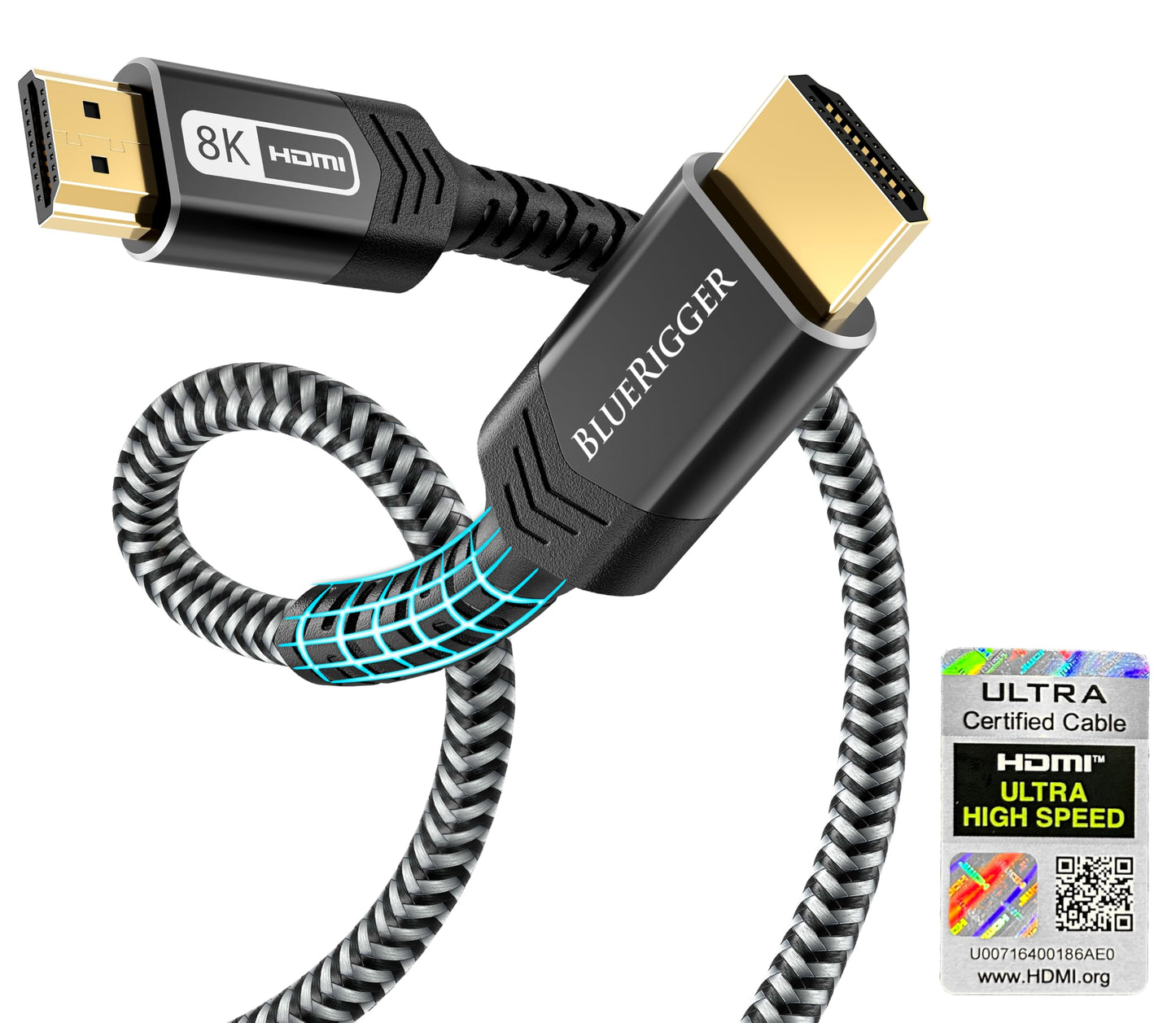 BlueRigger 10K 8K Certified HDMI 2.1 Cable 48Gbps (15FT, 8K 60Hz, 4K 120Hz, eARC, HDR10 VRR HDCP 2.3) Certified Ultra High Speed HDMI Cable Braided