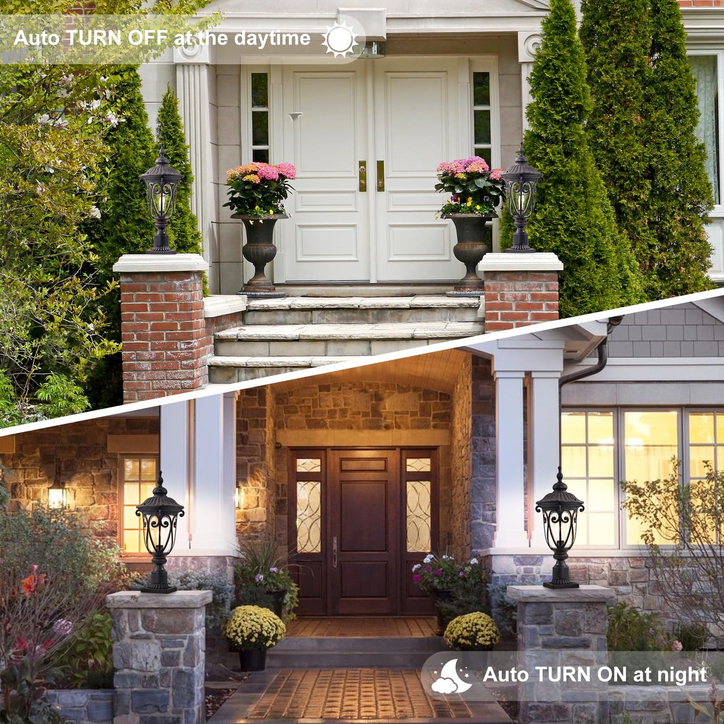 GOALPLUS 24 Inch High Outdoor Post Light Fixture with Dusk to Dawn Sensor, Bronze Post Lantern with Pier Mount, Exterior Pole Lighting with Seeded