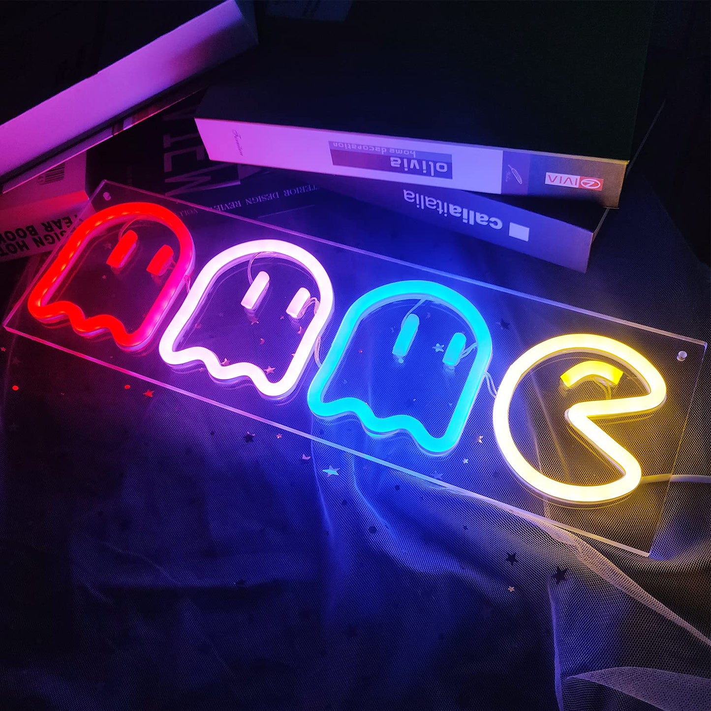 Game Neon Signs Ghost Neon Lights Led Sign Retro Decor Arcade for Game Room Decor with USB/Swicth Led Wall Sign Neon Sign for Bedroom Kids Room Bar