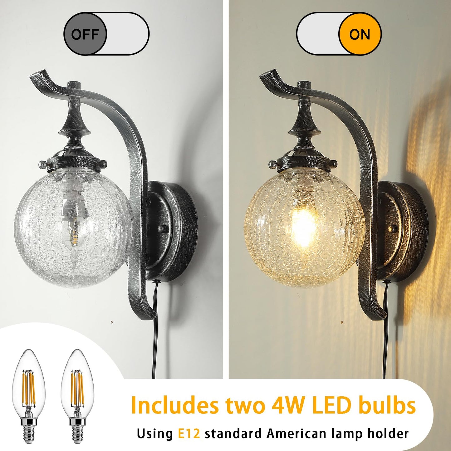 Mgcanyu Globe Glass Wall Sconce Set of 2, Farmhouse Vintage Plug in Wall Light Fixtures Rustic Industrial Wall Lights for Bedroom Bathroom Hallway