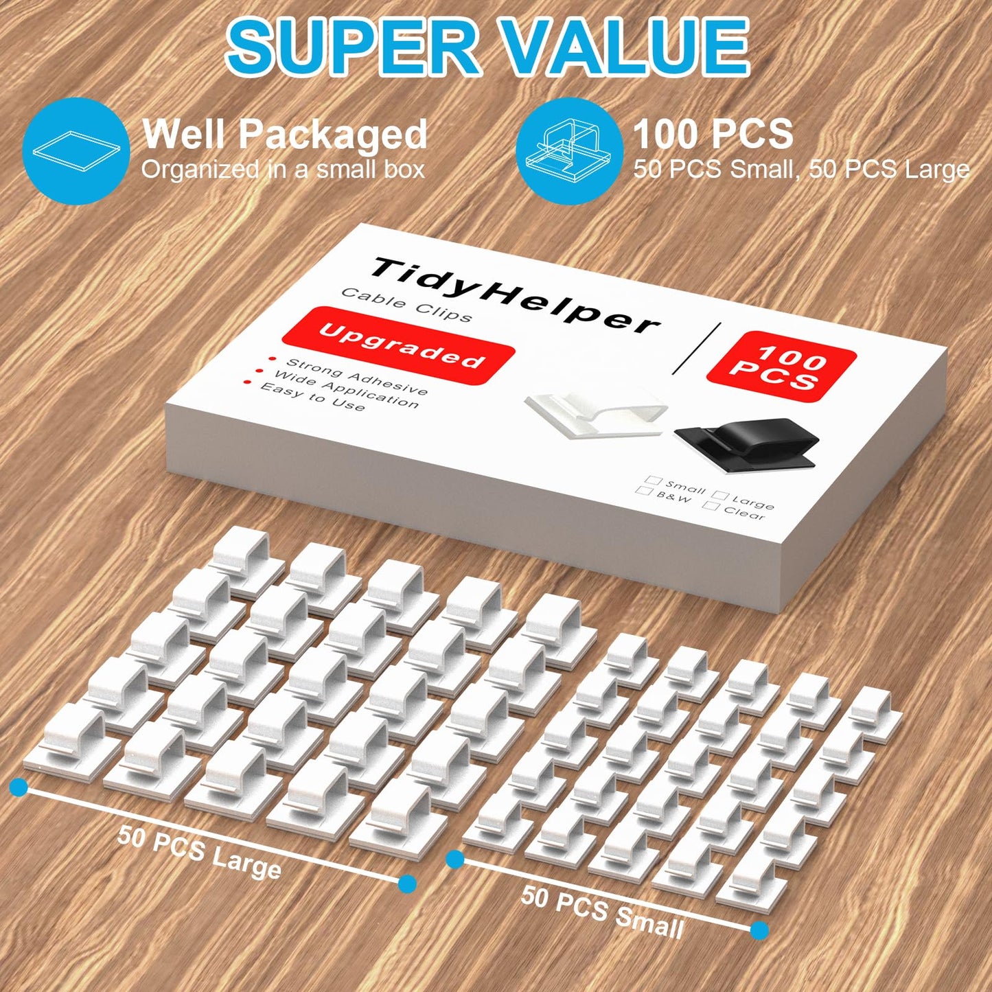 100 PCS Adhesive Cable Clips White (Small & Large), Upgraded Wall Wire Holder for Cord Organizer Cable Management, Outdoor Light Clips Hooks for LED