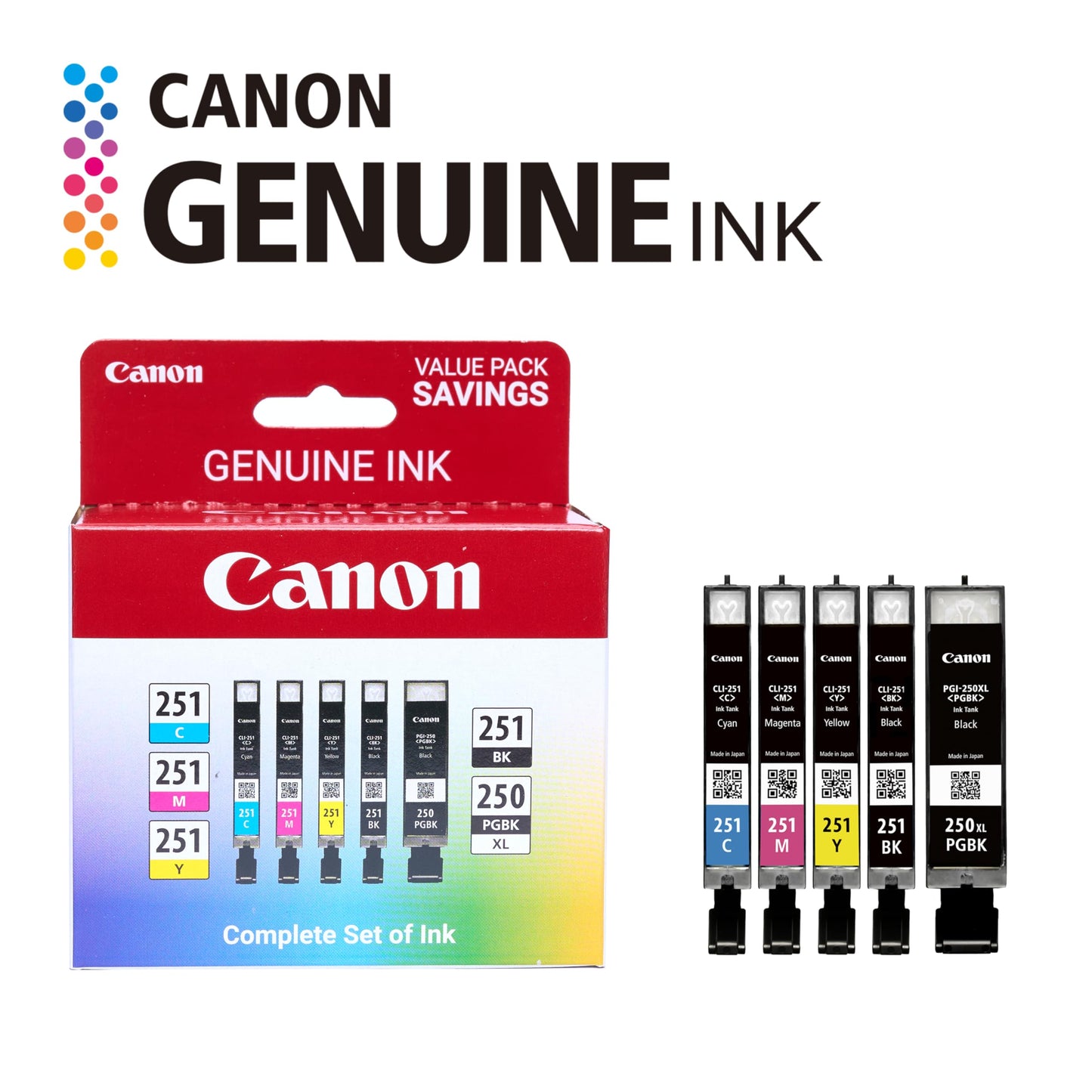 Canon PGI-250XL/CLI-251 Genuine Five Color Value Pack, Compatible with MG6320, iP7220, MG5420, MX922, MX722, MG7120, MG6420, MG5520, iX6820, iP8720