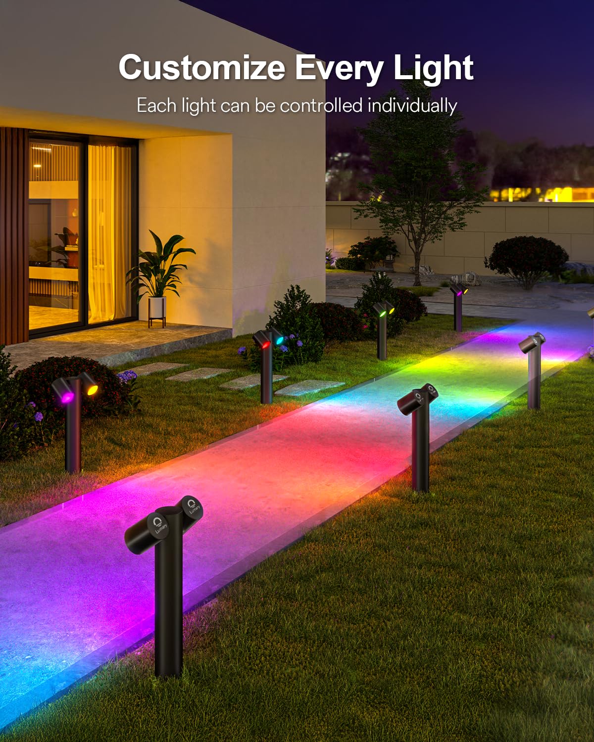 Lumary Smart Pathway Lights Pro 700LM, RGBAICW Color Changing Landscape Lights with 8 Adjustable 355° Spot Lights IP65 Waterproof, 48FT Wired Outdoor