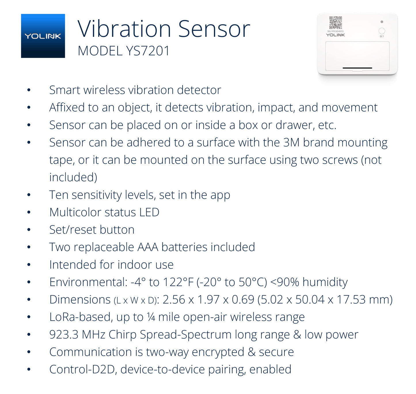 YoLink LoRa Smart Vibration Sensor; Smart Shock, Glass Break, Tamper, Movement Detector, Generator Running, Email/SMS/Push Alerts, 1/4 Mile Open Air