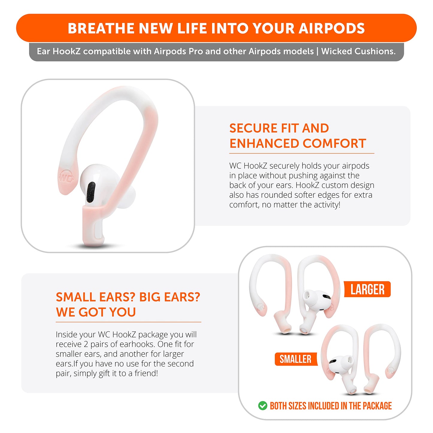 WC HookZ - Patented Upgraded Over Ear Hooks for AirPods Pro 1, 2 & AirPods 1, 2 & 3- Two Size Pairs Included in Package, Unique Left & Right Hook