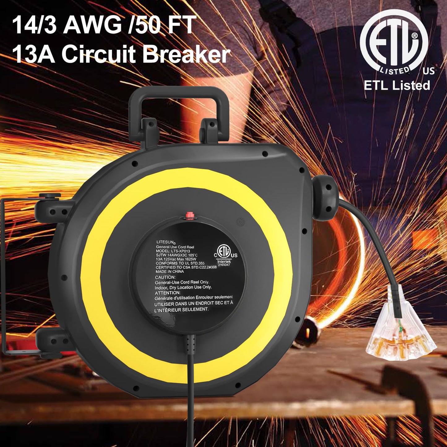 oviitech 50 Ft Retractable Extension Cord Reel,14/3 AWG SJTW Heavy Duty Power Cord, 3 Electrical Outlets,13 Amp Circuit Breaker,Black and Yellow,ETL