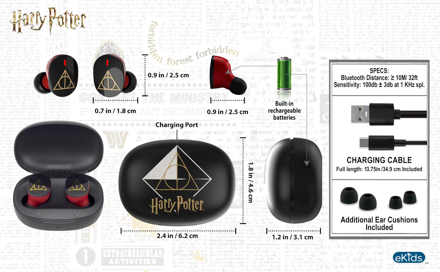 Harry Potter Wireless Earbuds for Kids, Bluetooth Earbuds with Charging Case