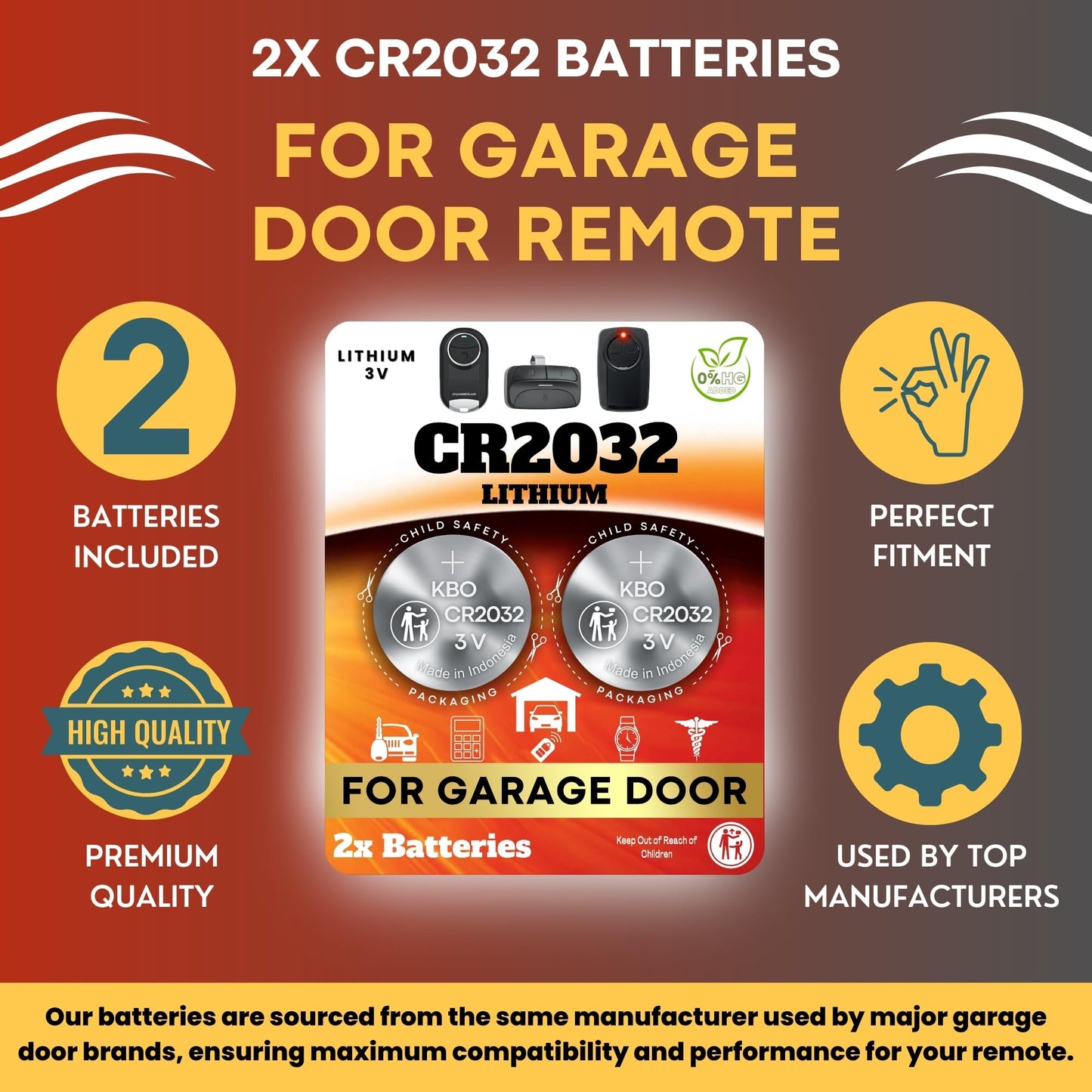 Garage Door Opener Battery - 2 Pack CR2032 Button Lithium 3V Packaging May Vary Replacement Power for Major Remotes, Keypads, Sensors