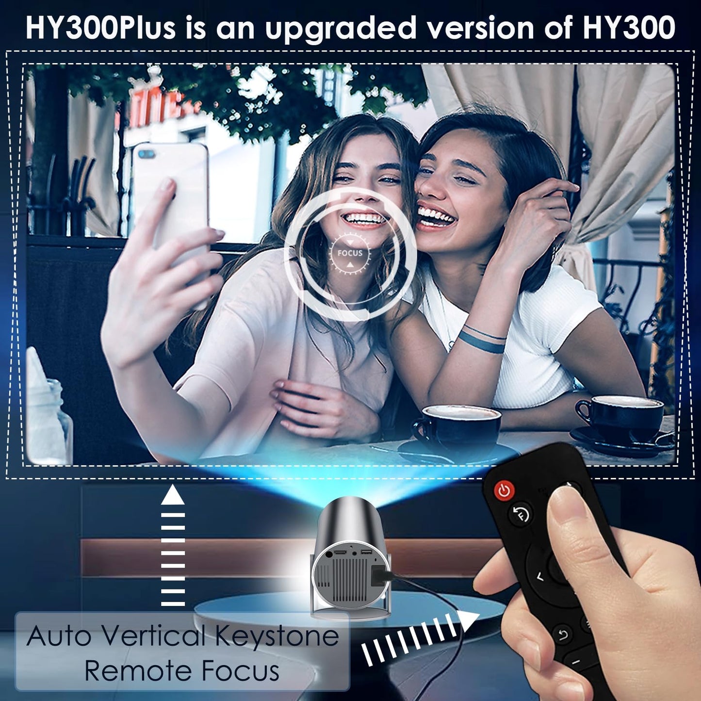 HY300 Plus Electric Focus Mini Portable Projector, Auto Keystone & 4K/300 ANSI, Smart HD Projector with WiFi 6, Bluetooth,130'' Screen Adjustment