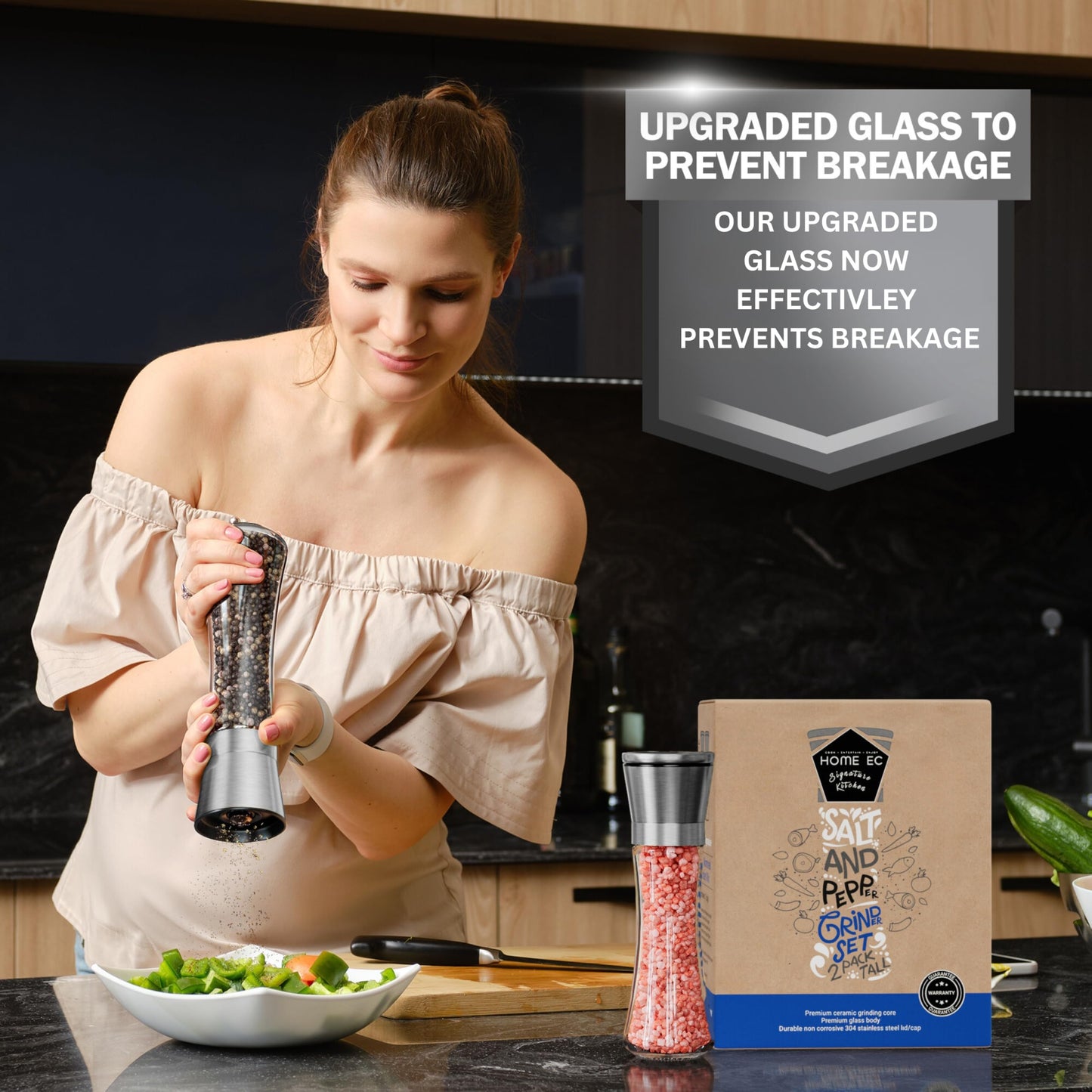 Home EC Premium Stainless Steel Salt & Pepper Grinder Set – Adjustable Ceramic, Tall Glass Shakers with Funnel & Recipe eBook