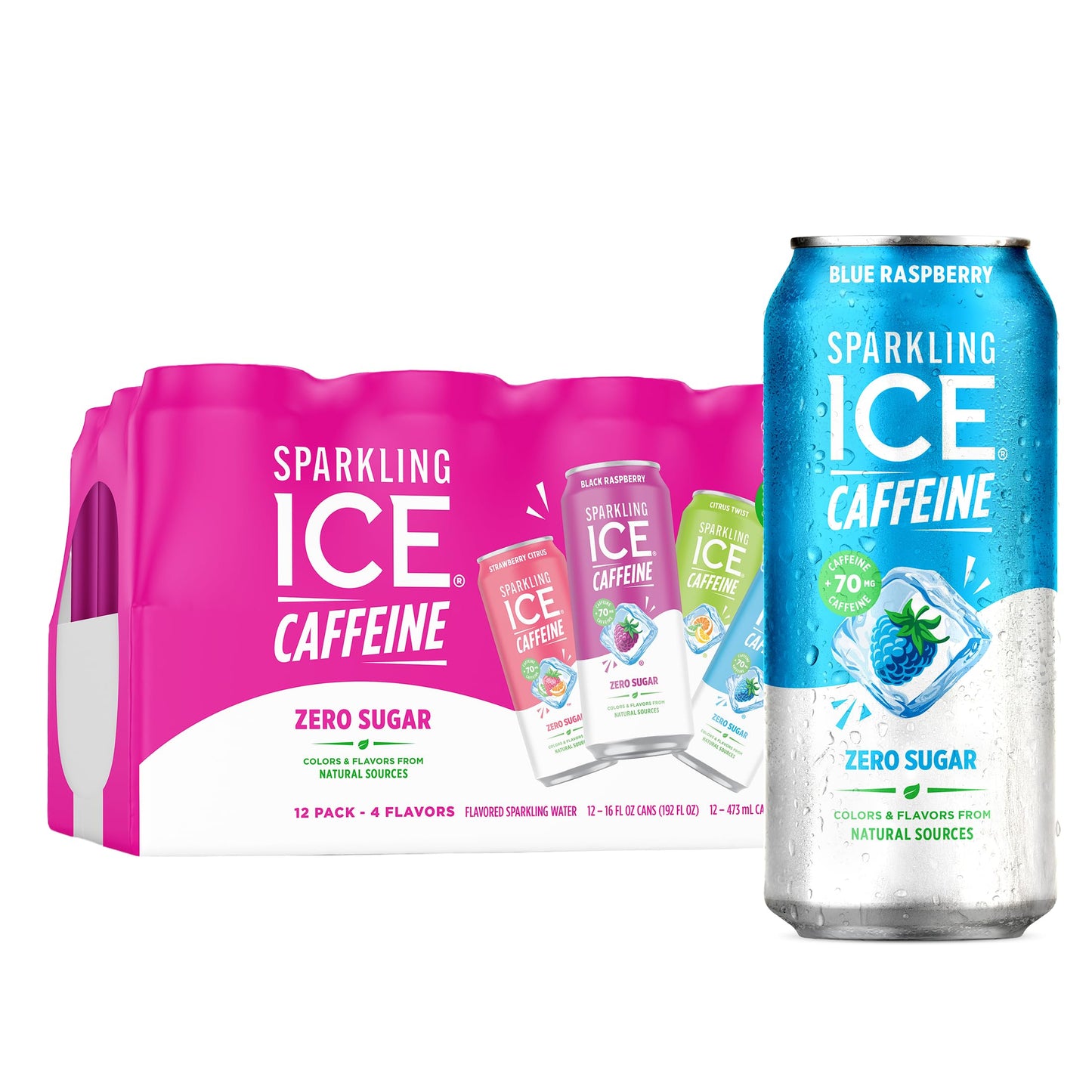 Sparkling Ice Caffeine Variety Pack, Flavored Sparkling Water, Zero Sugar, with Vitamins and Antioxidants, 16 fl oz, 12 count (Citrus Twist, Black Raspberry, Blue Raspberry, Strawberry Citrus)