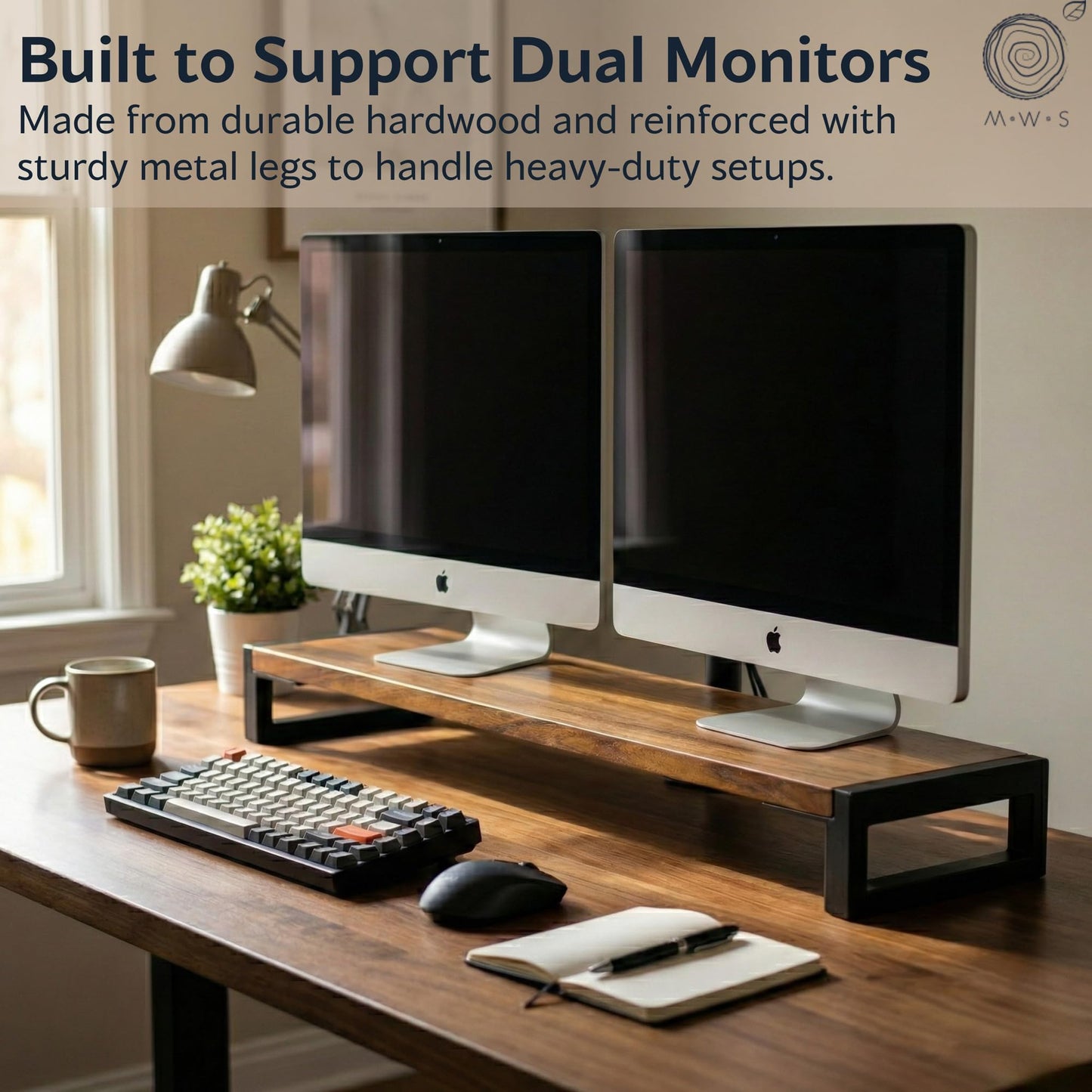 Dual Monitor Stand Riser for Desk - 40” Wide Walnut Solid Wood Desk Riser with Metal U-Legs, Scratch-Resistant, Hassle-Free Assembly